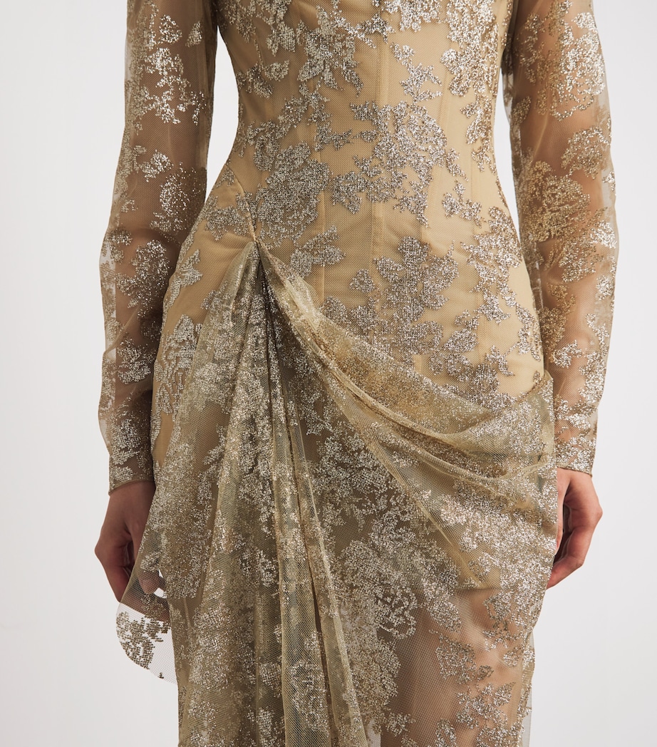 Sandra Mansour Womens Embellished Long-Sleeve Gown Gold Image 5
