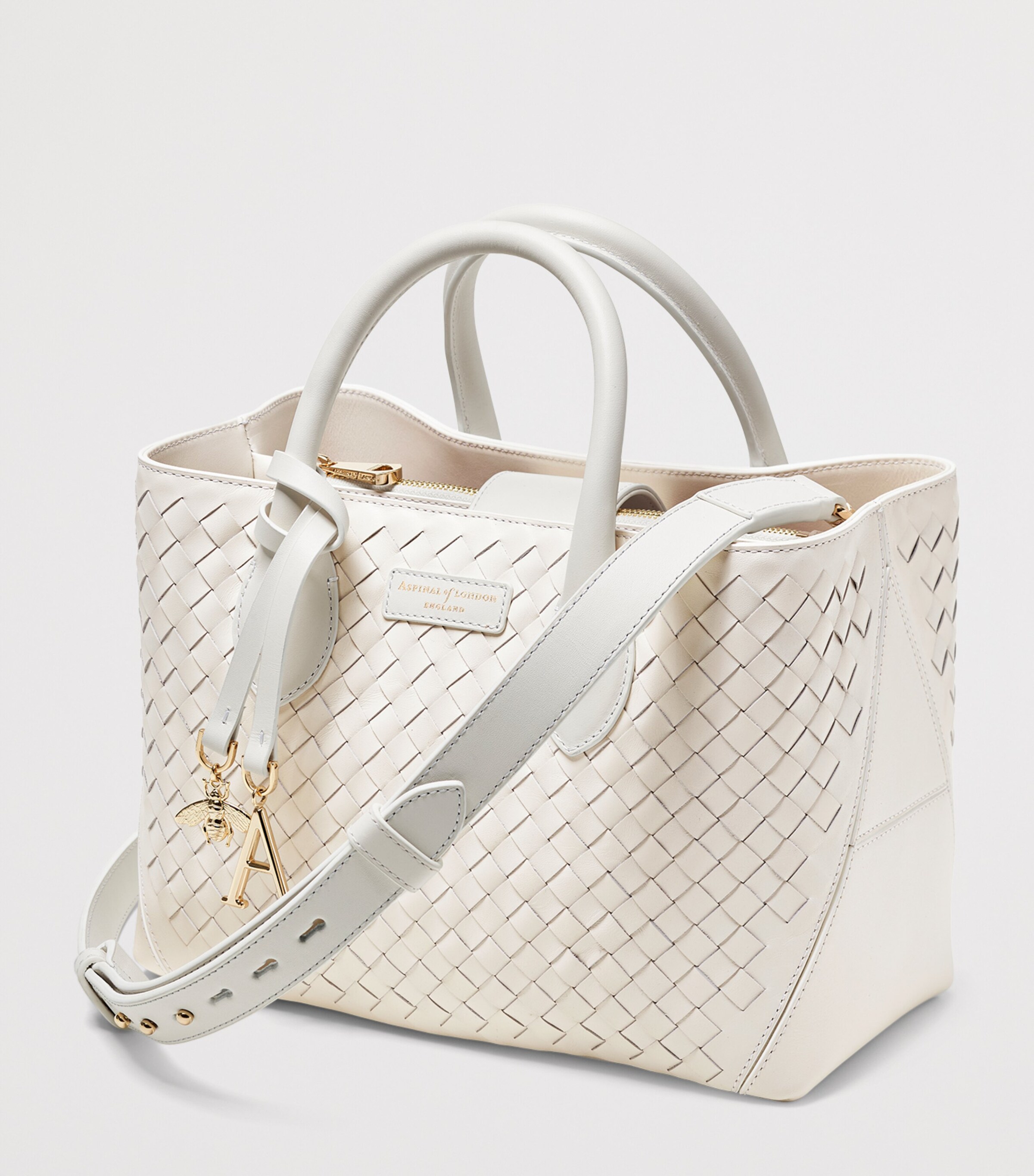 Aspinal Of London Medium Woven Leather London Tote Bag Chalk White Image 2