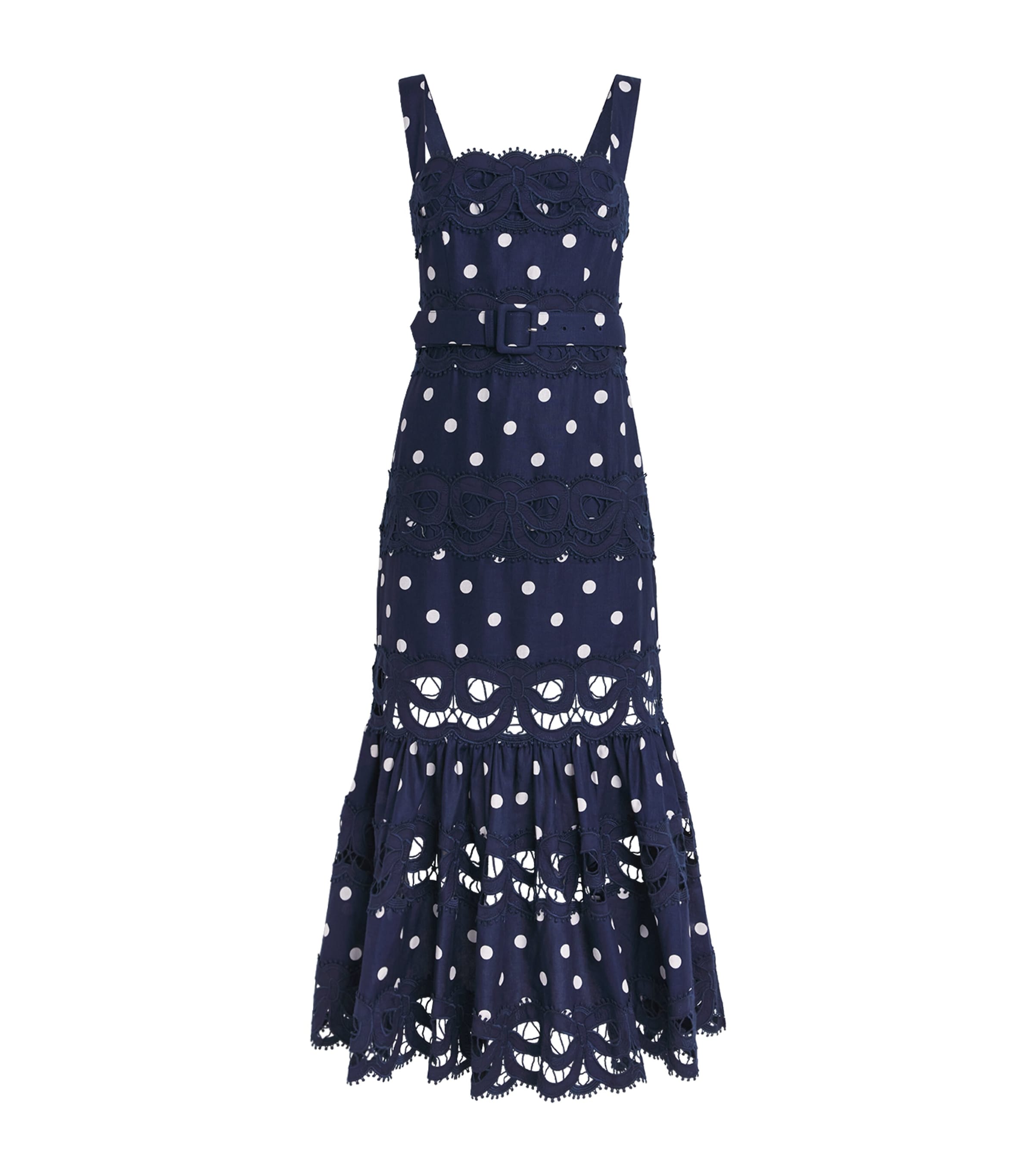 Self-Portrait Linen-Cotton Polka Dot Midi Dress Navy