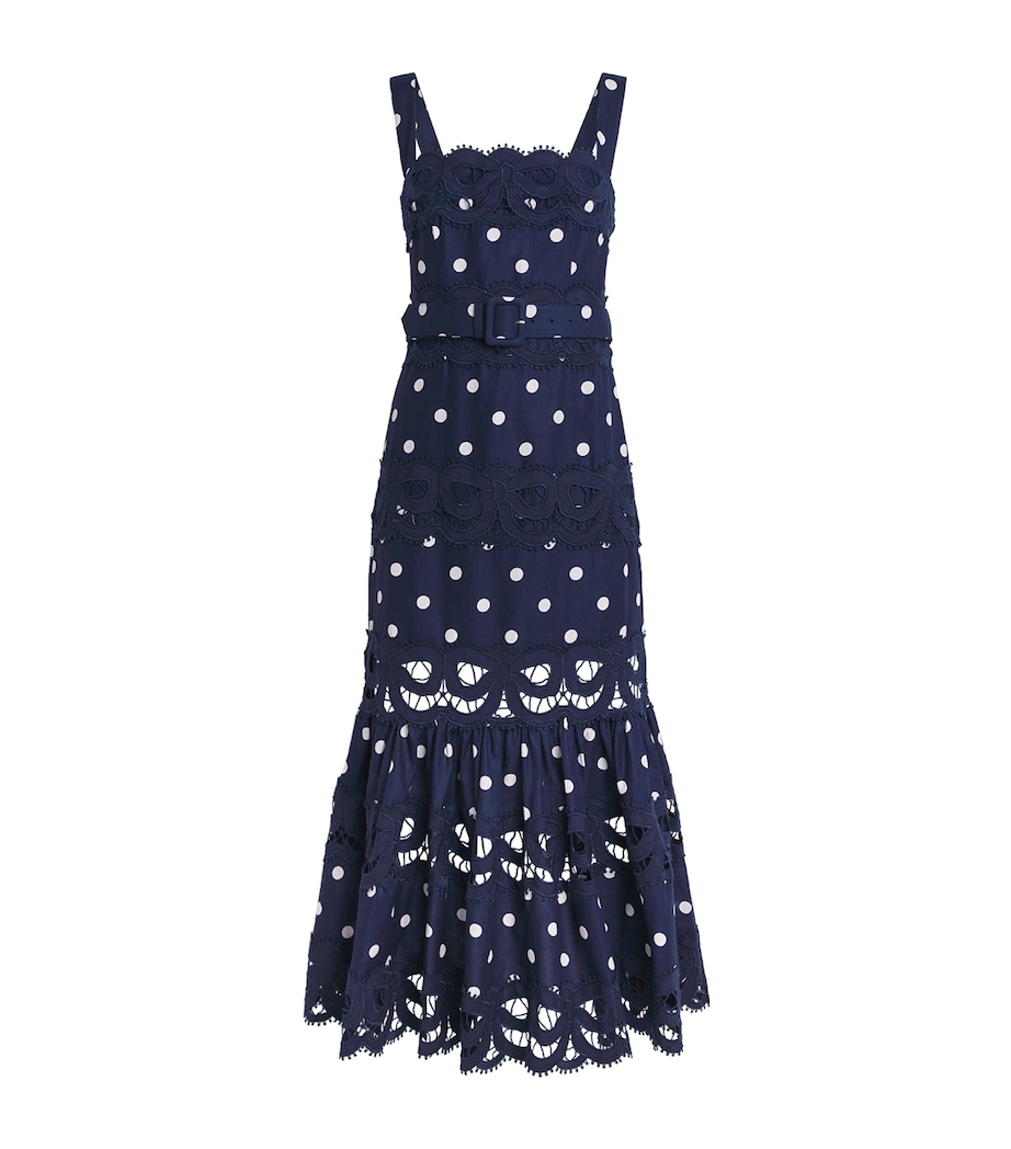 Self-Portrait Womens Linen-Cotton Polka Dot Midi Dress Navy Image 1