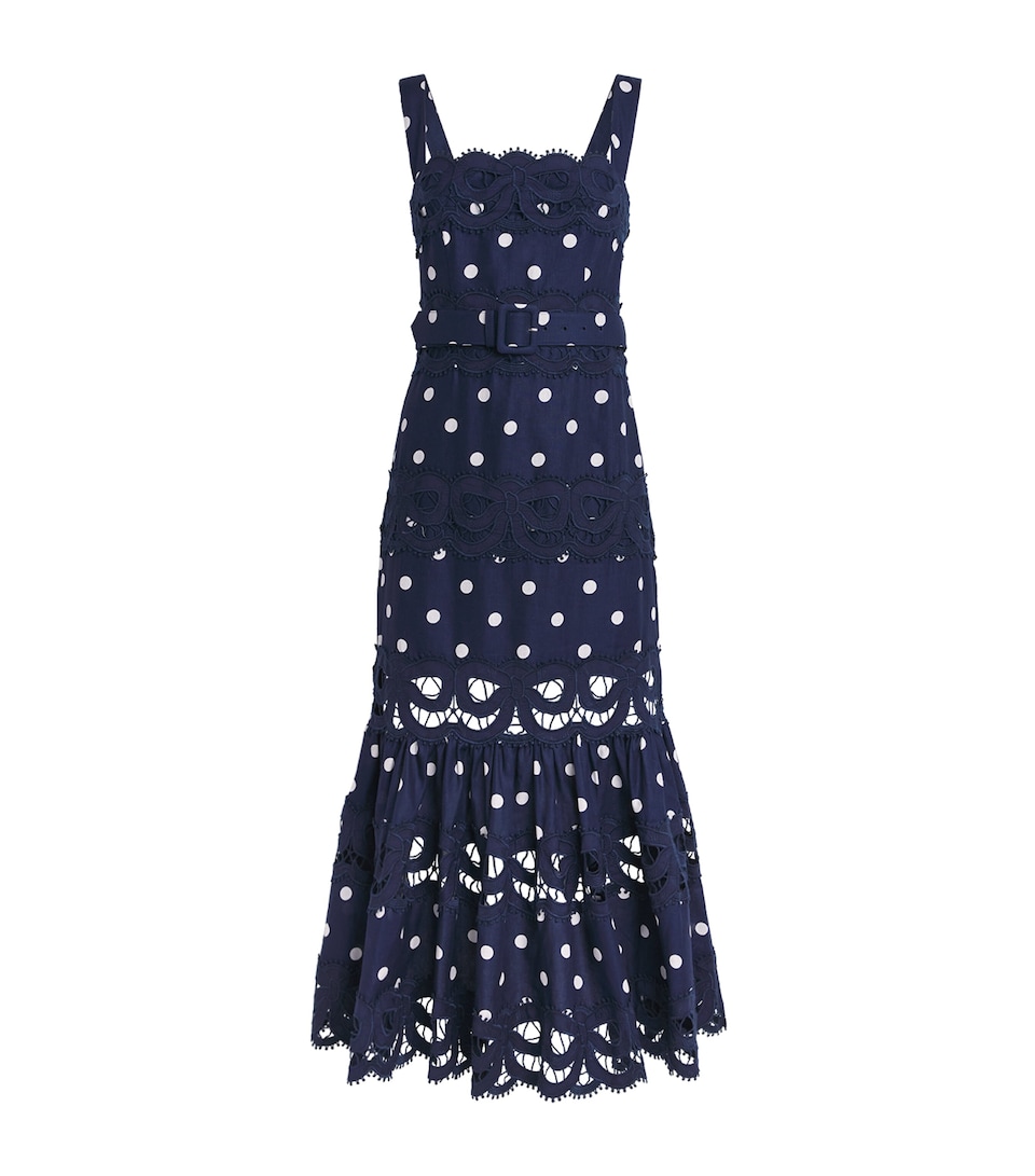 Self-Portrait Linen-Cotton Polka Dot Midi Dress Navy