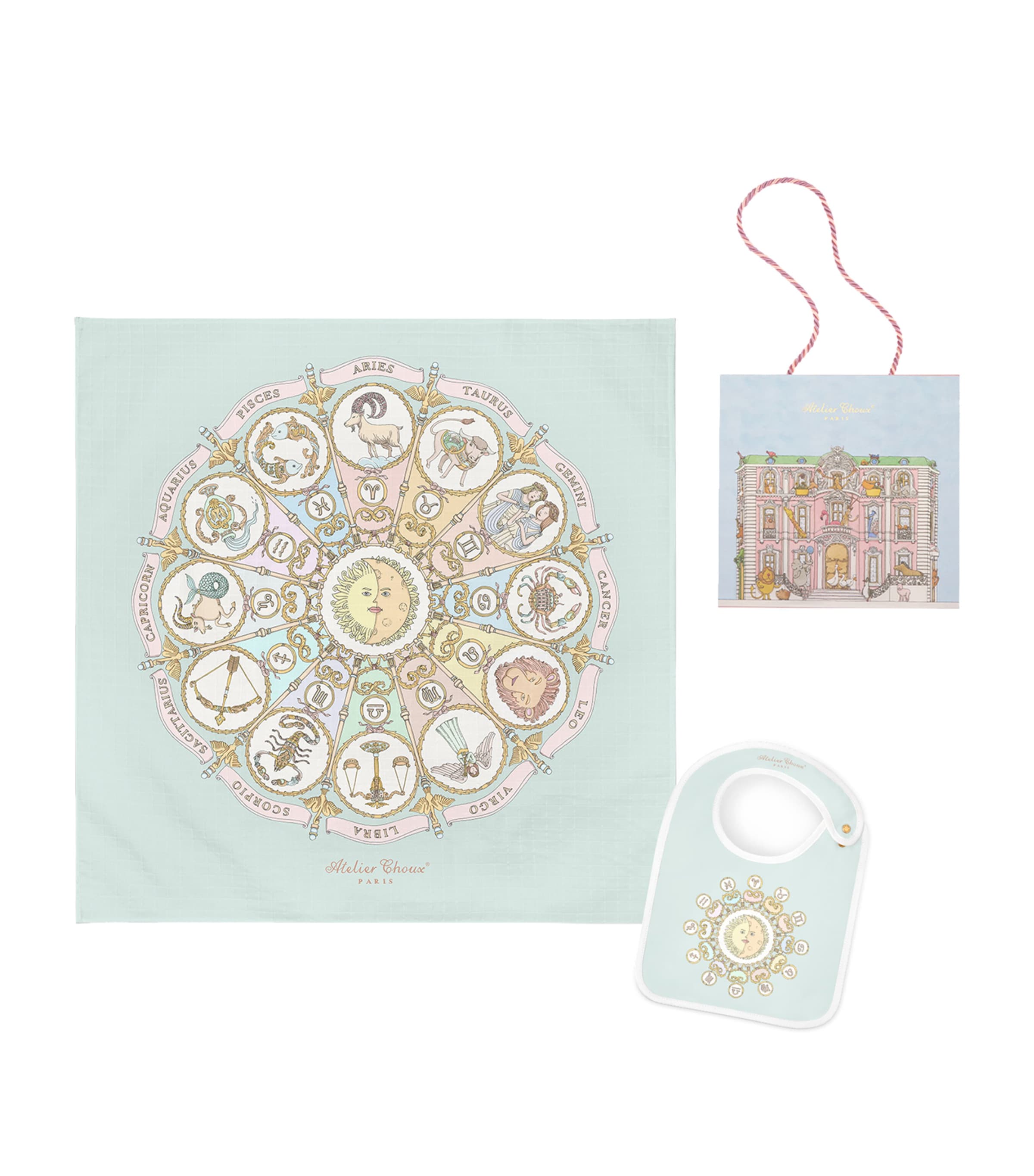 Atelier Choux Organic Cotton Zodiac Swaddle And Bib Gift Set In Blue