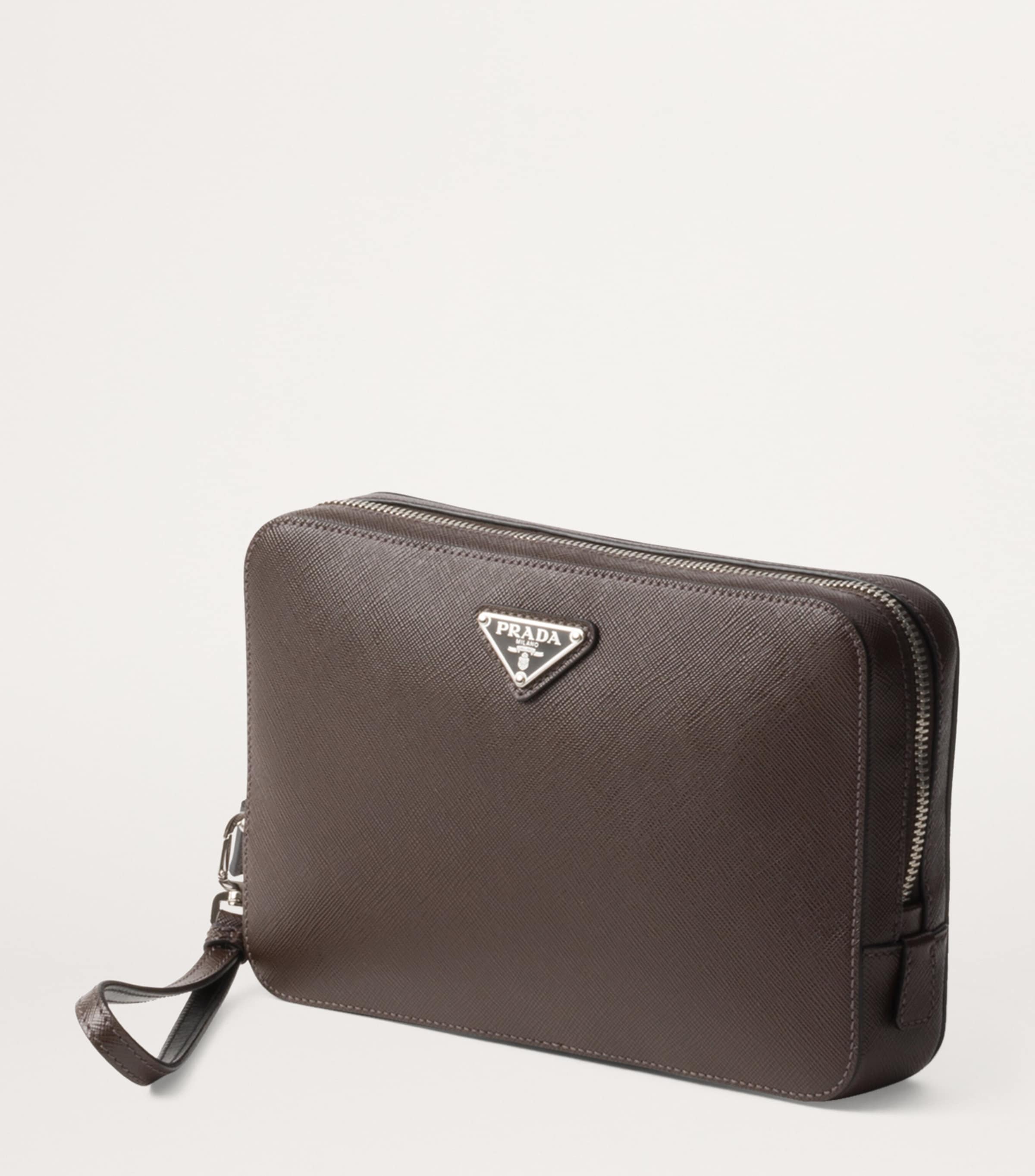 Prada Brown Saffiano Leather Logo Pouch | Harrods UK
