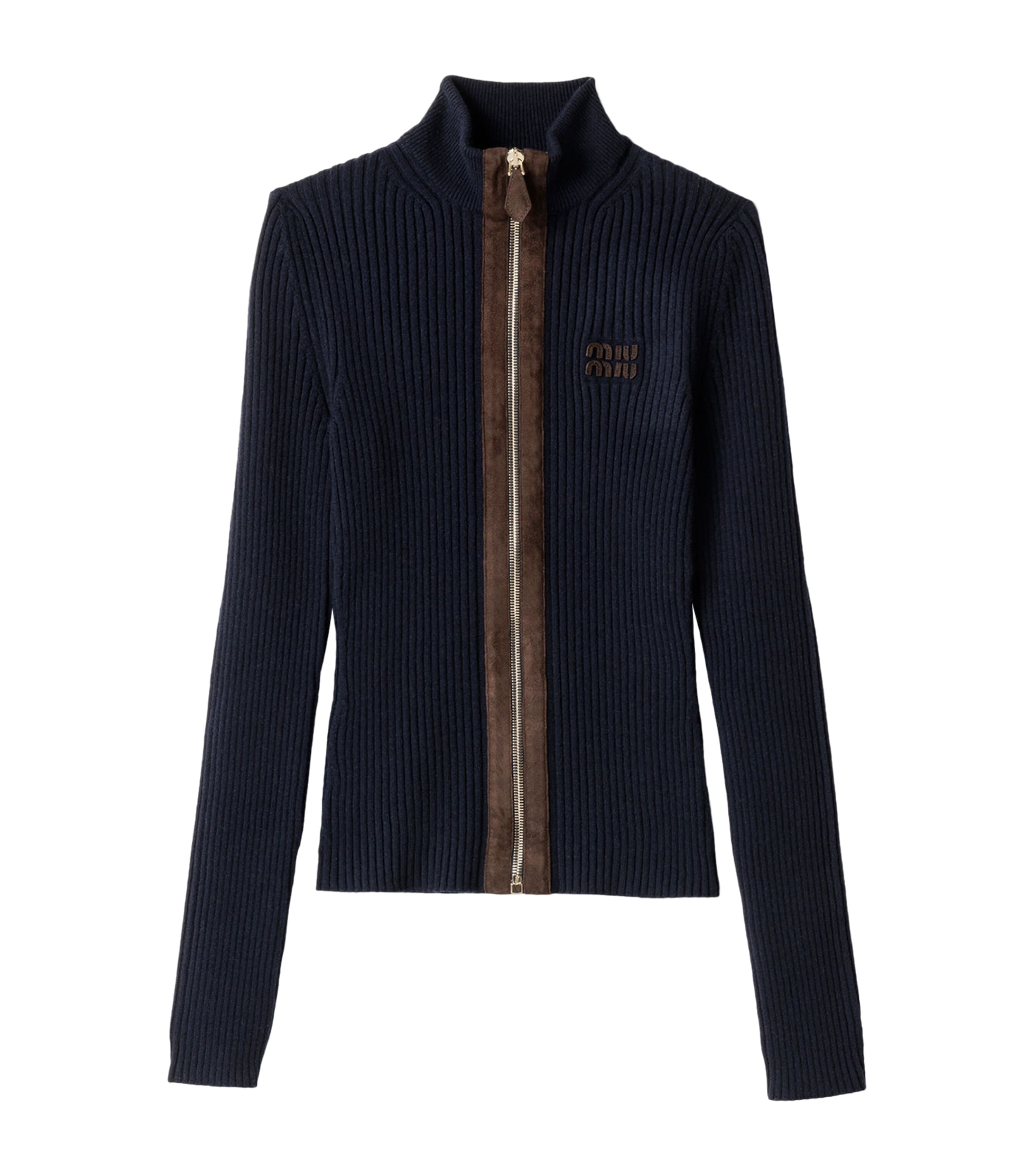 Miu Miu Womens Cashmere-Blend Suede-Trim Cardigan Image 1