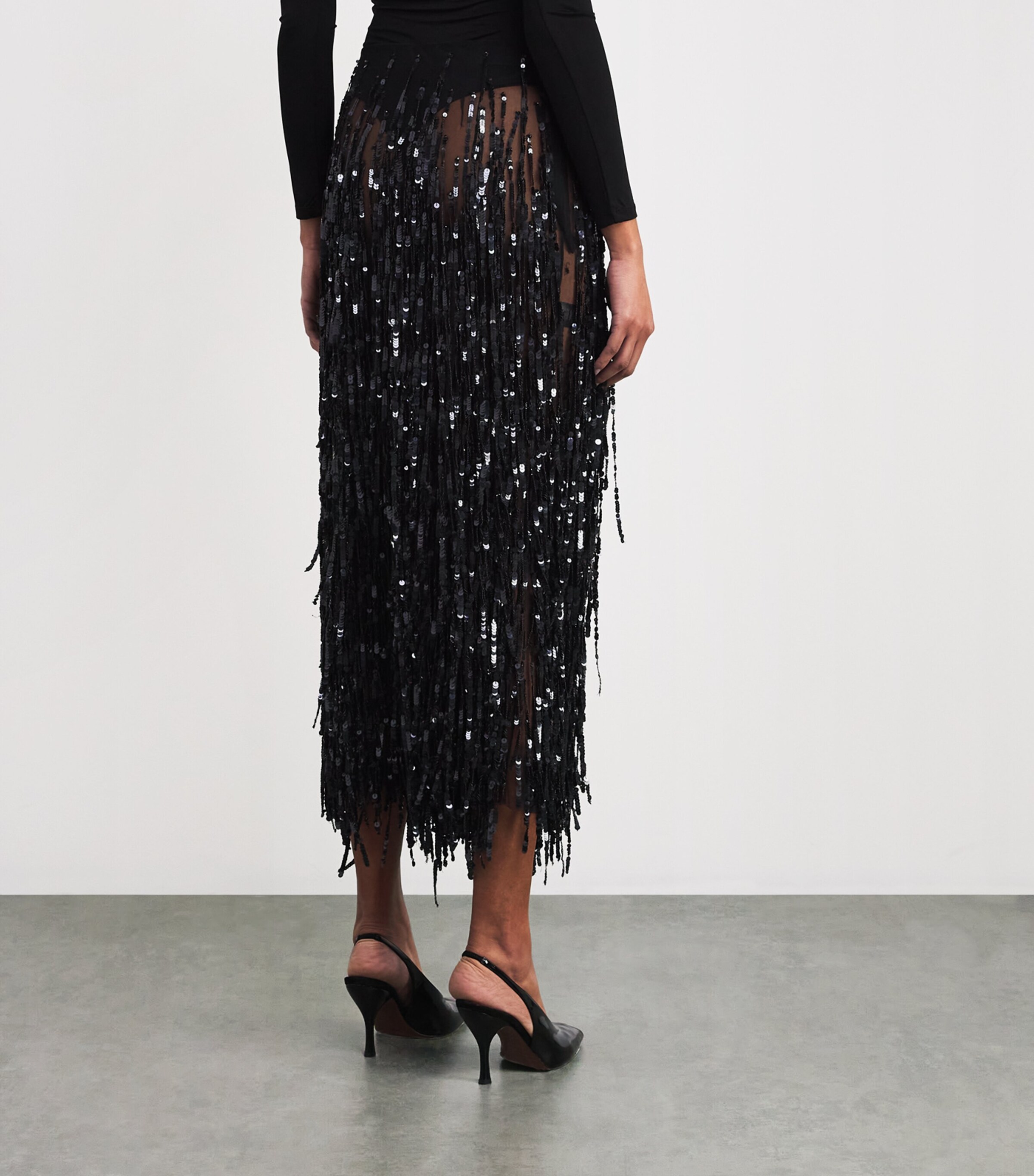 Sequin-Embellished Midi Skirt 001 BLACK Image 4