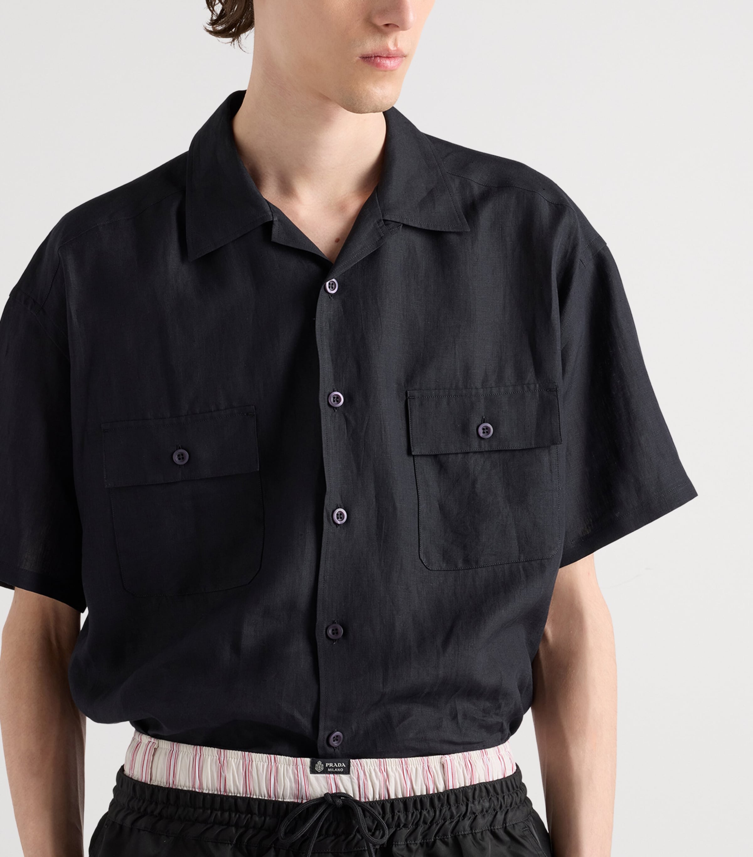 Prada Mens Linen Short-Sleeve Shirt Black Image 4