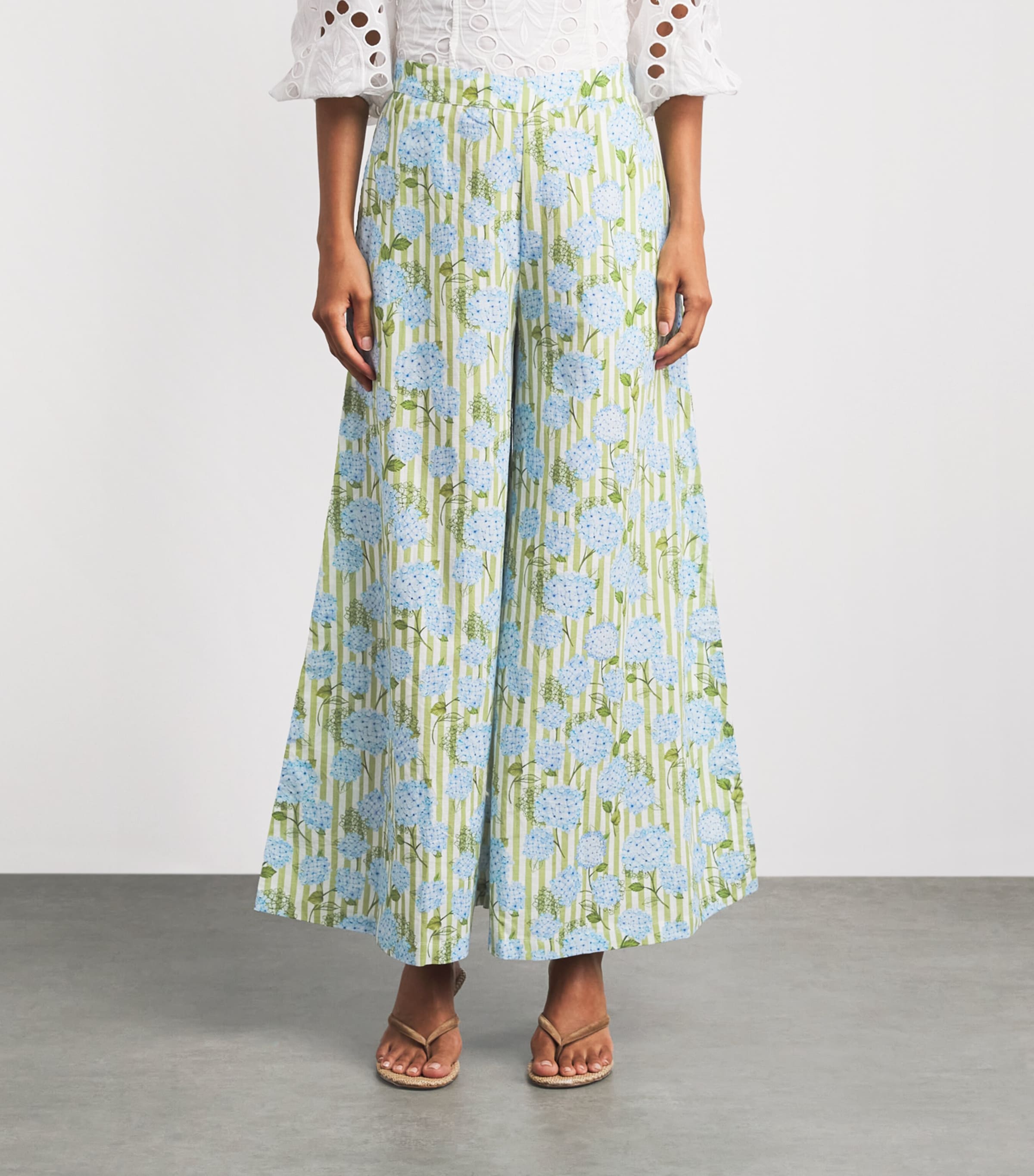 Verandah Womens Linen-Cotton Wide-Leg Hydrangea Trousers Iv & Grn Hydr Stripe Image 4