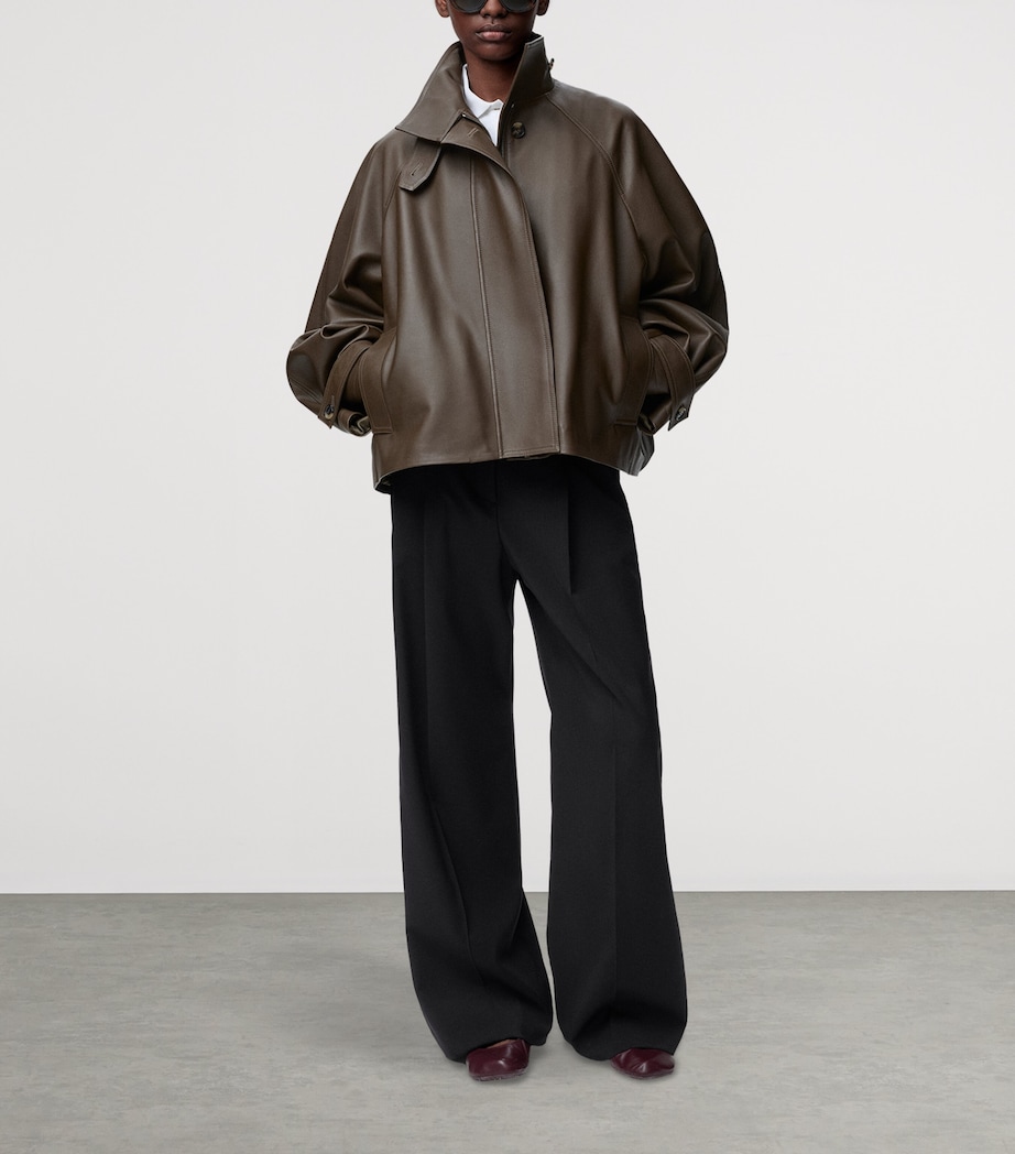 Wool Leather-Waistband Tailored Trousers BLACK Image 2