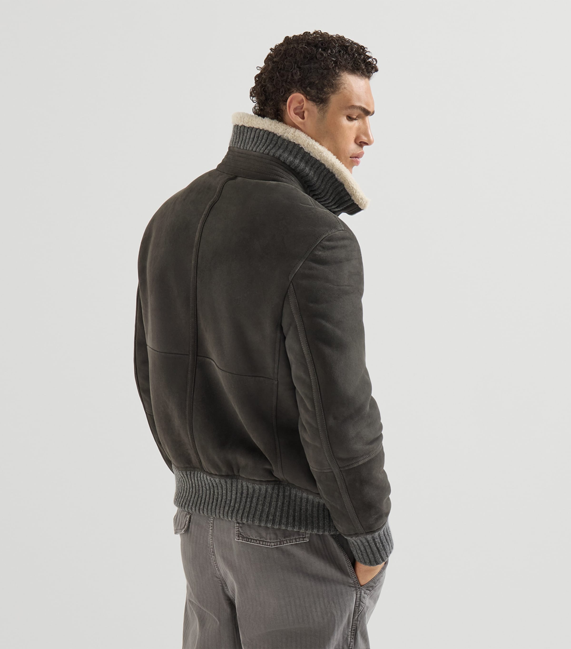 Brunello Cucinelli Mens Suede-Shearling Bomber Jacket Image 3