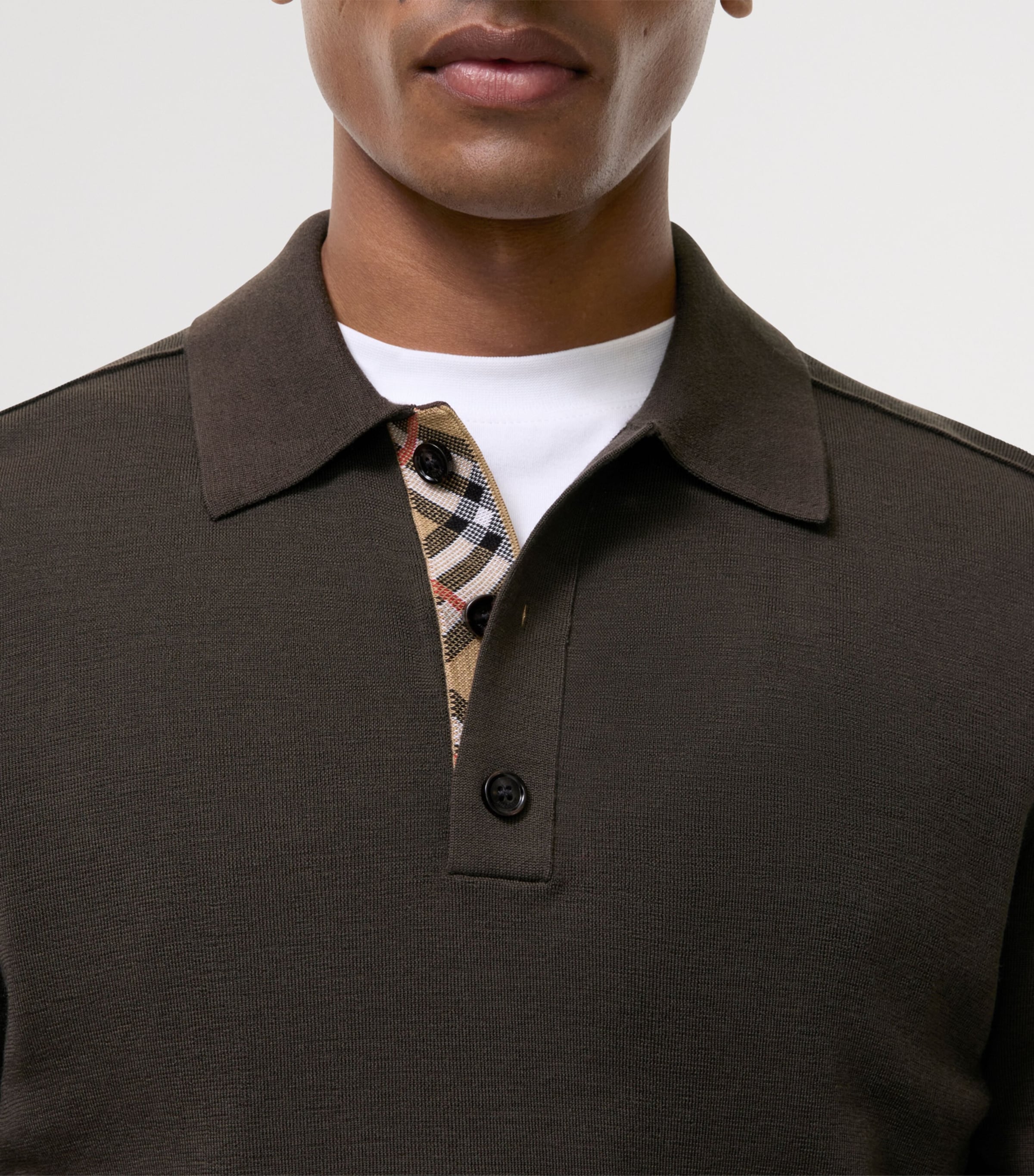 Burberry Mens Wool Check-Detail Long-Sleeve Polo Shirt Chocolate Brown Image 3