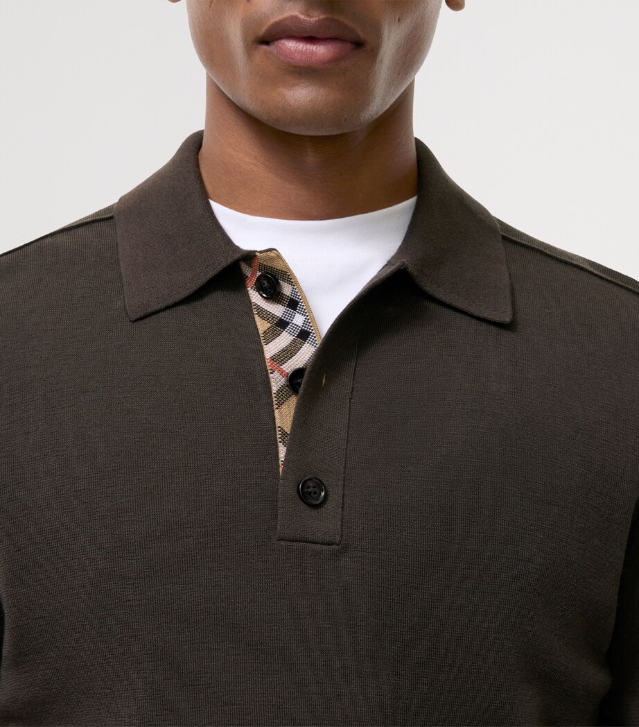 Burberry Mens Wool Check-Detail Long-Sleeve Polo Shirt Chocolate Brown Image 3