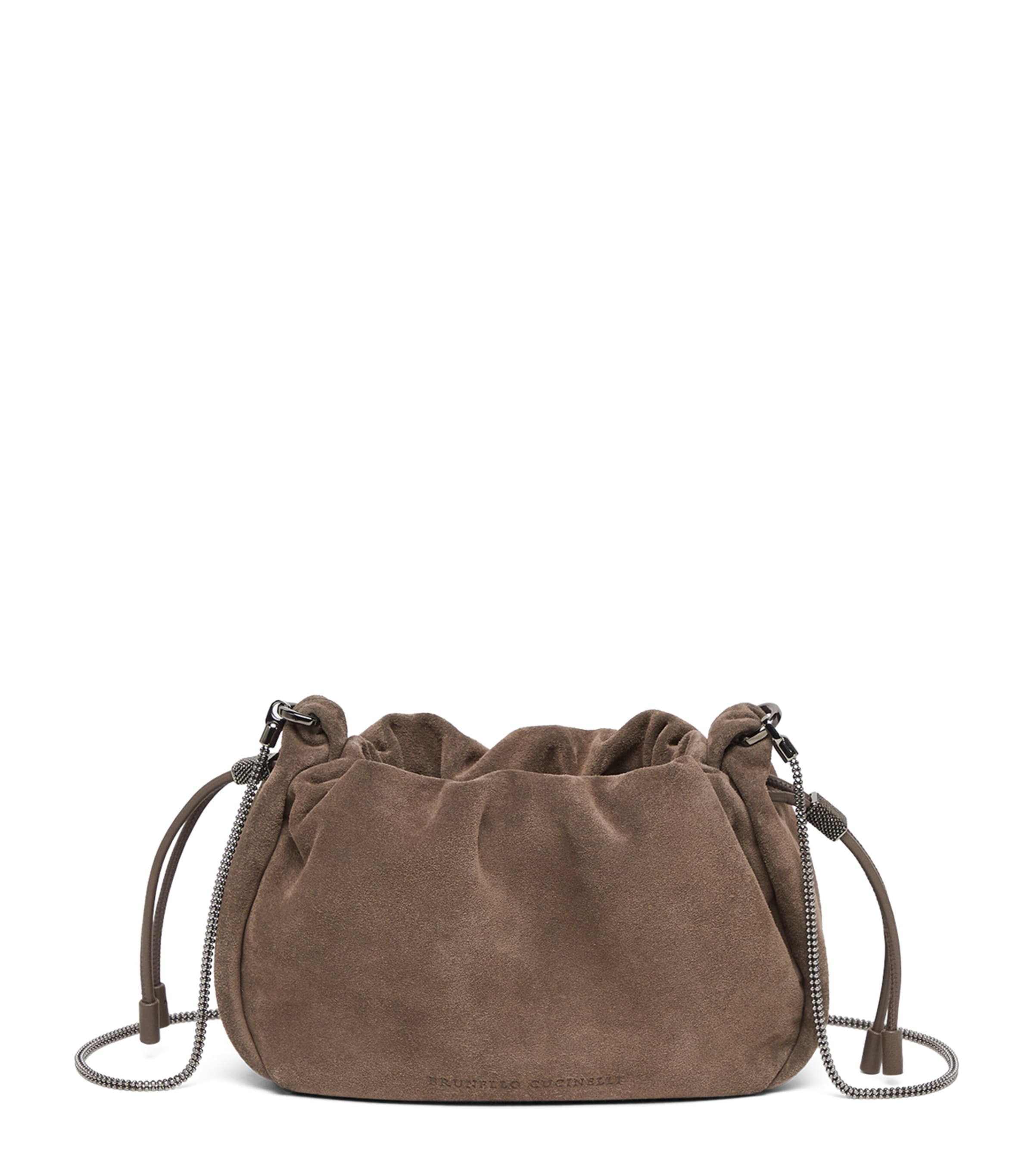Brunello Cucinelli Soft Suede Drawstring Bag With Chain-link Strap In Green