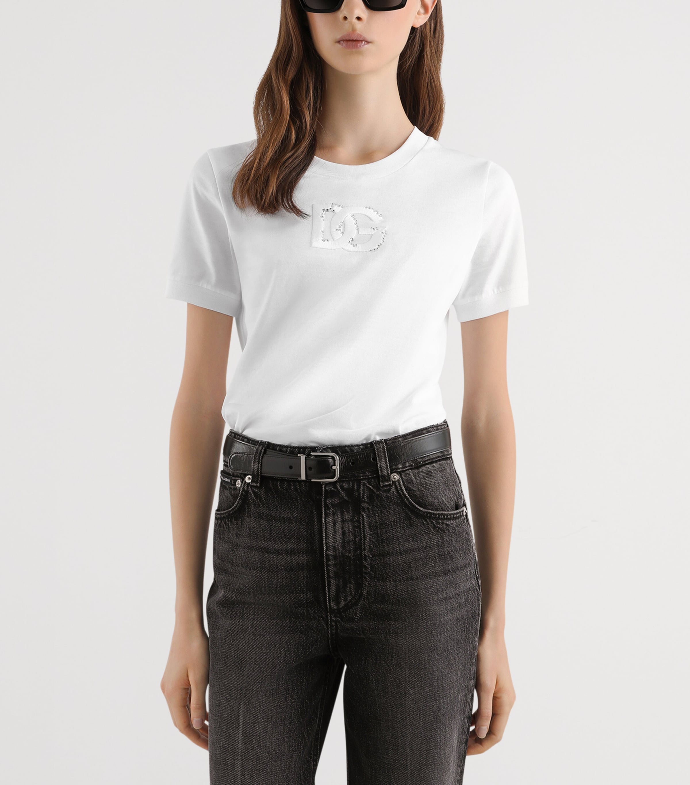 Dolce&Gabbana Womens Cotton Embellished Logo T-Shirt Opti Image 4