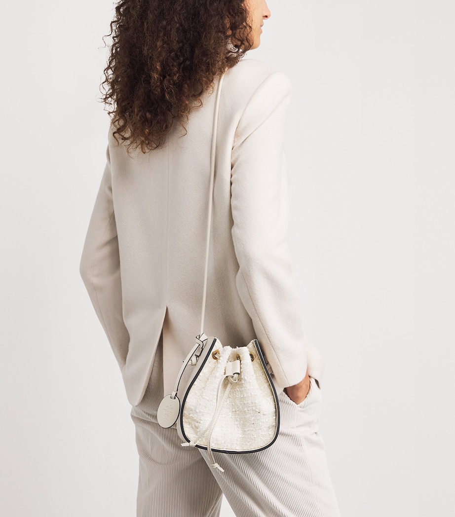 Leather-Tweed Drawstring Bucket Bag BIANCO Image 2