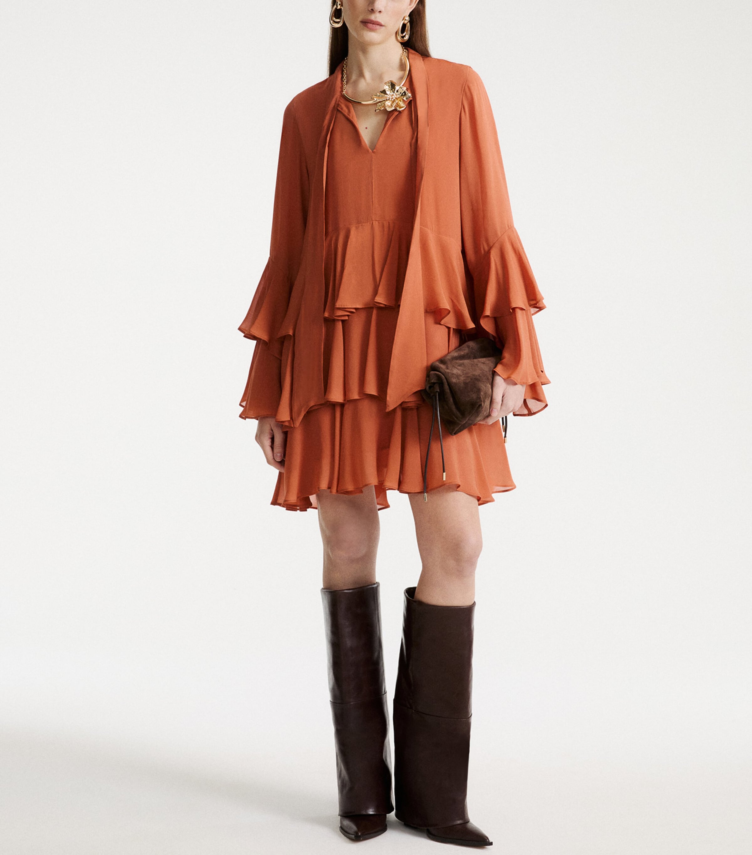 Marella Womens Georgette Flounced Mini Dress Terra Cotta Image 2