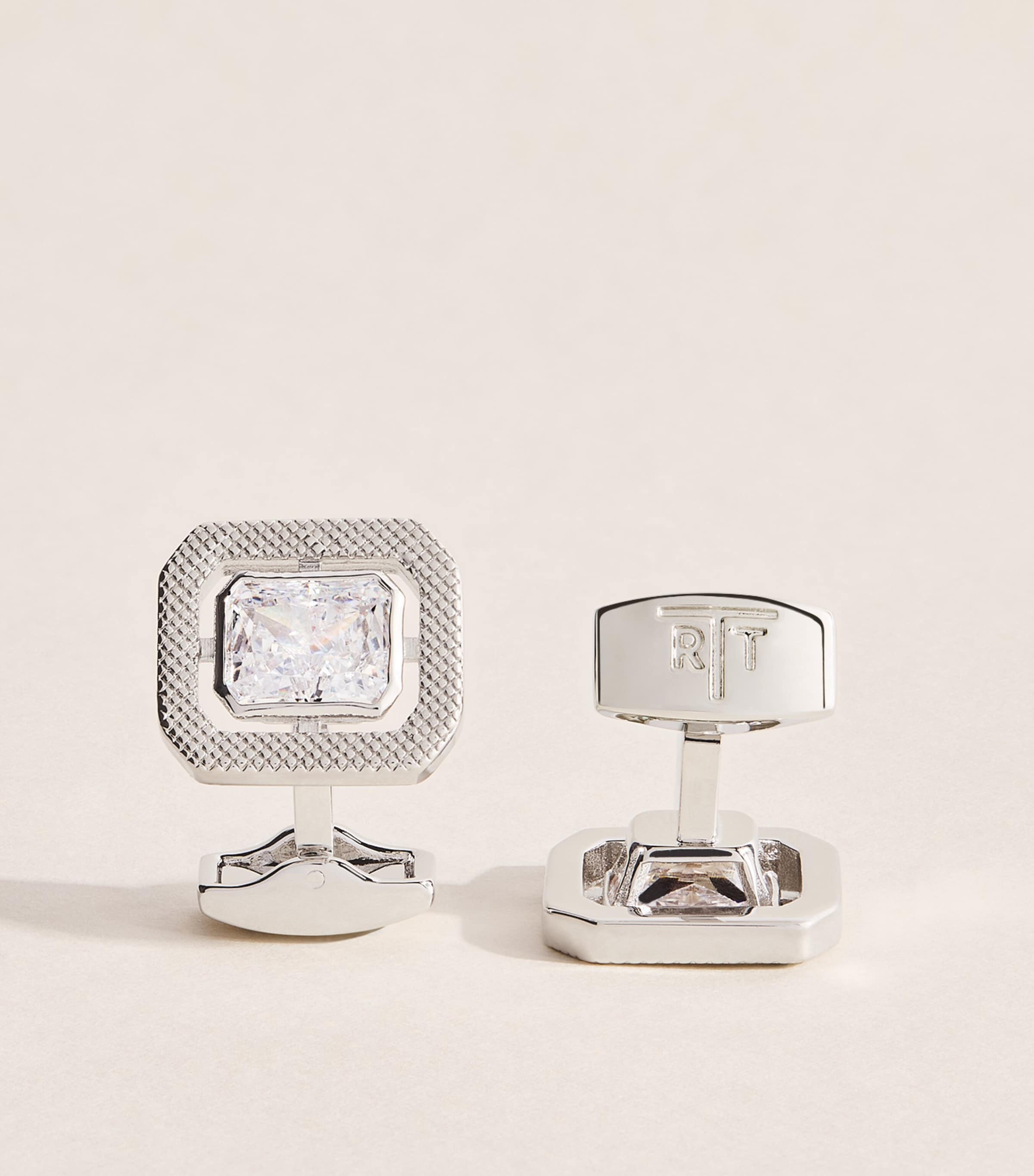 Tateossian Rhodium-Plated and Cubic Zirconia Halo Rectangle Cufflinks Clear Image 1