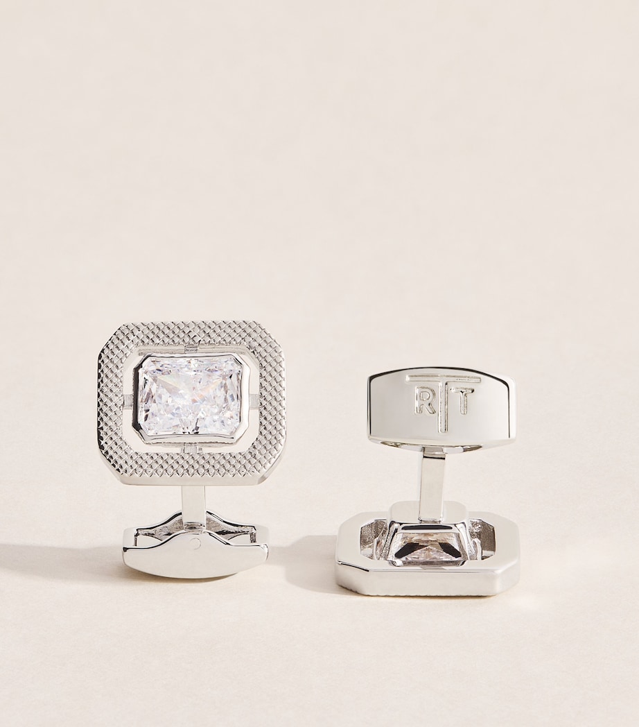 Tateossian Rhodium-Plated and Cubic Zirconia Halo Rectangle Cufflinks Clear Image 1