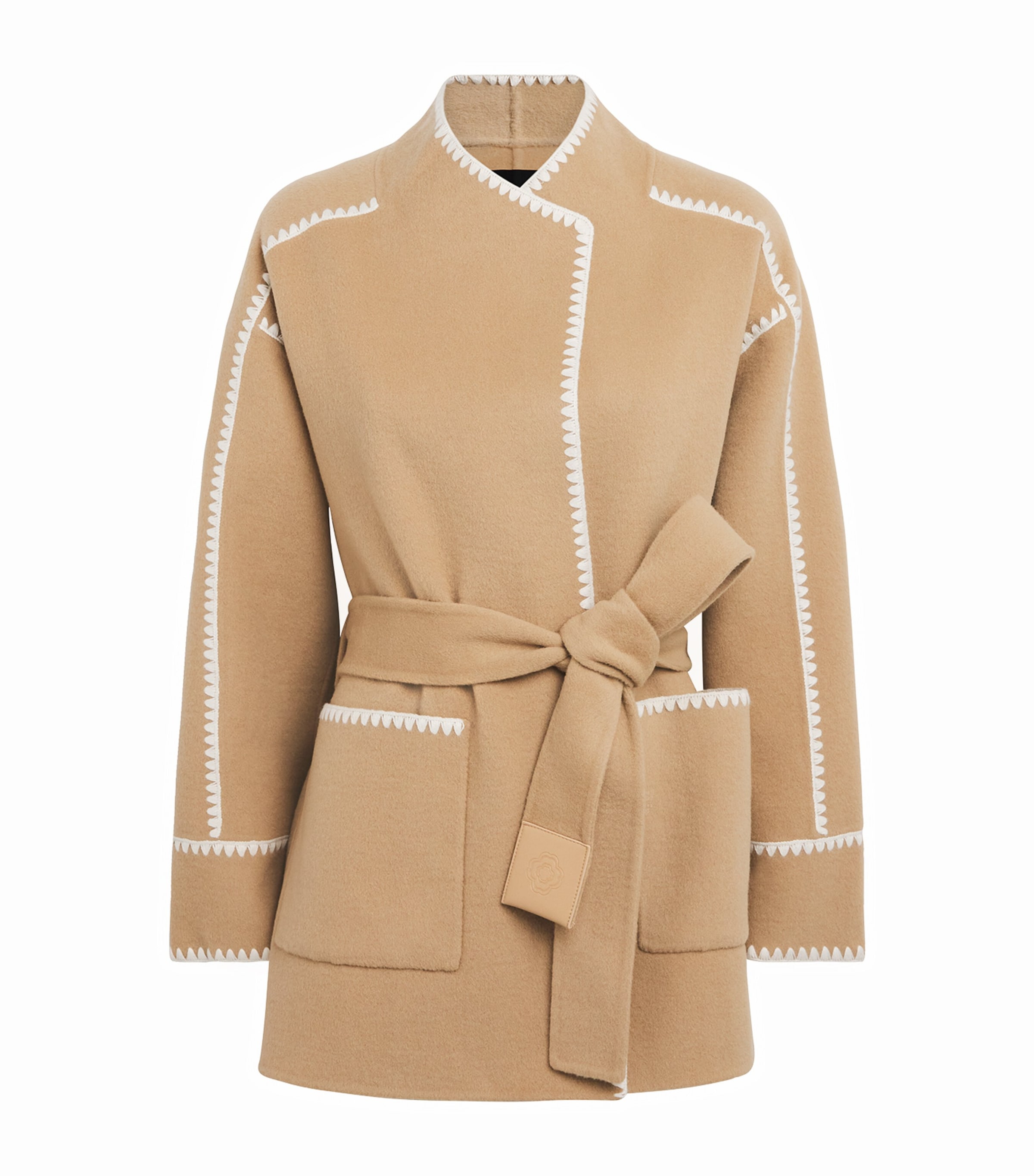 Maje Womens Camel Embroidered-trim High-neck Wool-blend Coat In Brown