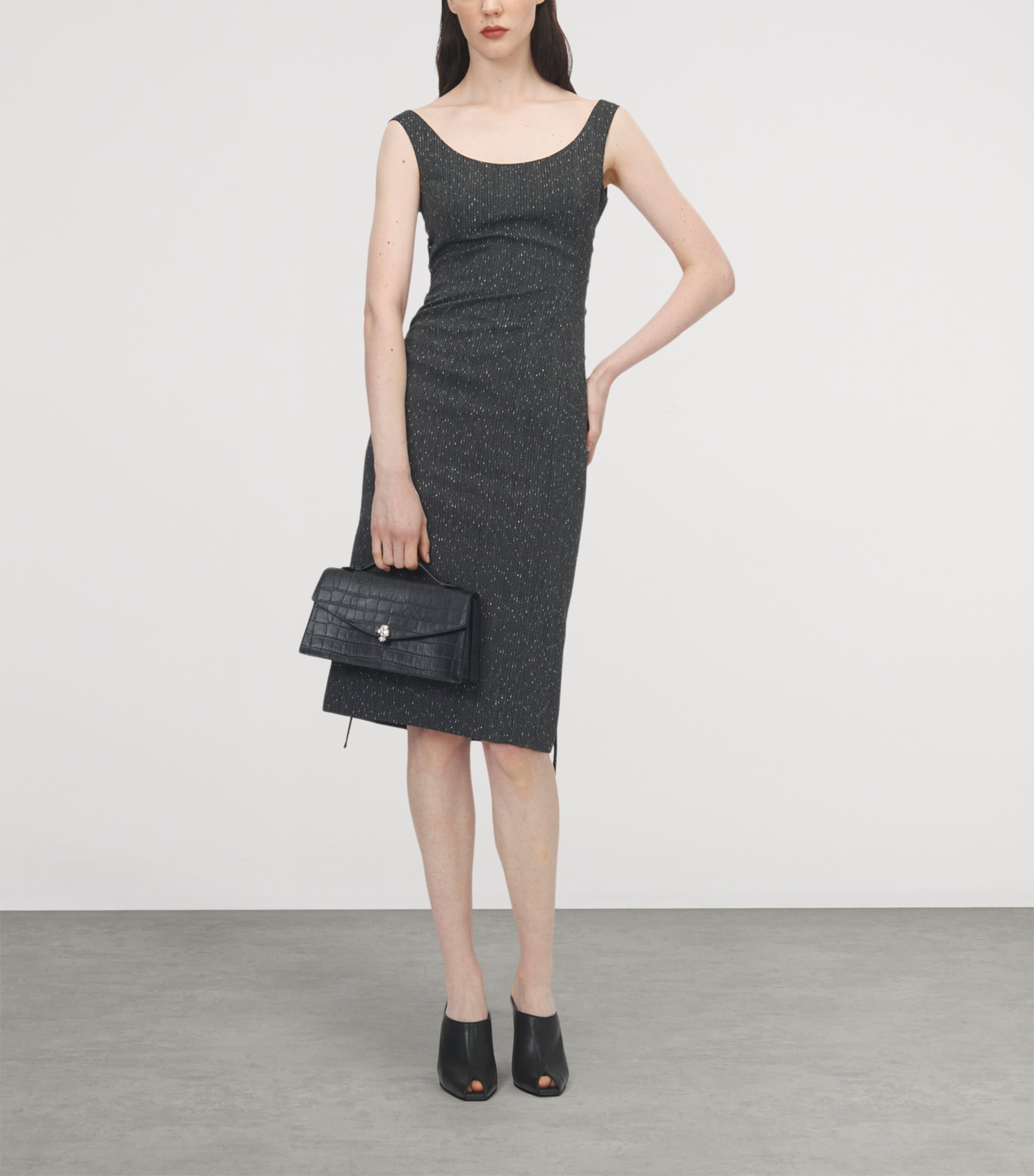 McQueen Womens Wool Metallic-Pinstripe Midi Dress Image 2