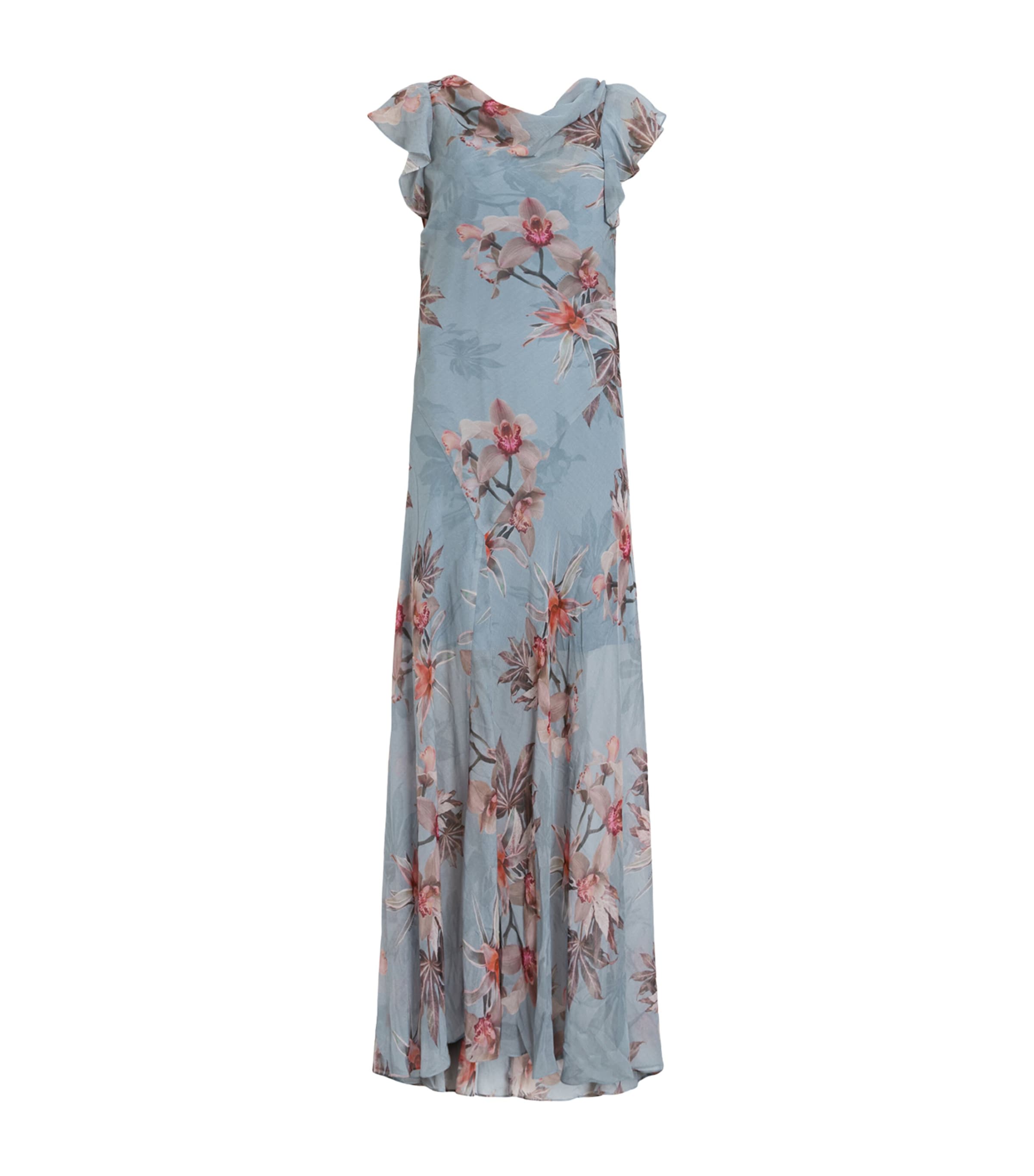 Allsaints Womens Flora Cowl-neck Floral-print Silk-blend Maxi Dress Adena Dusty Bl