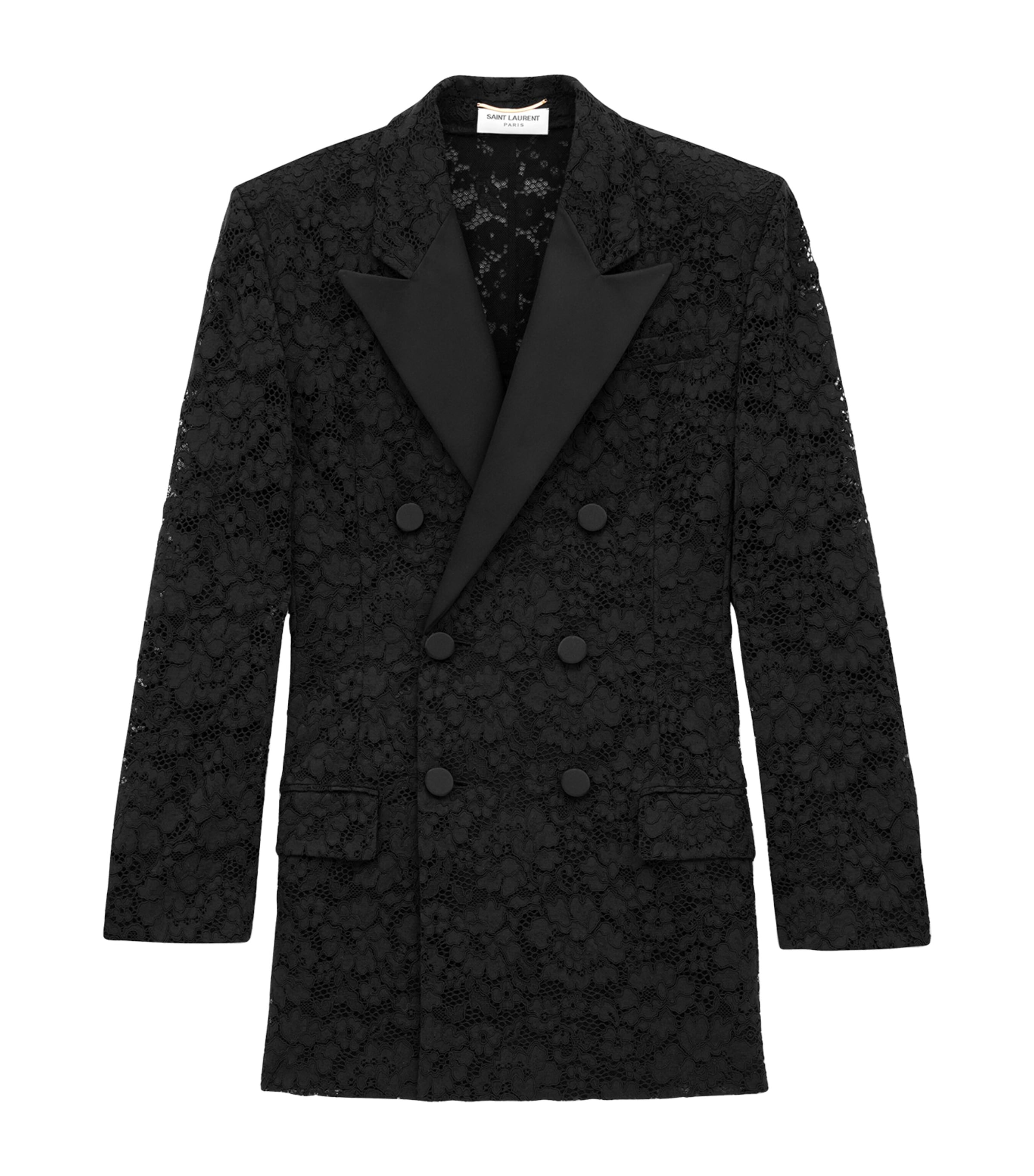 Saint Laurent Double-breasted Lace Tuxedo Blazer In Black