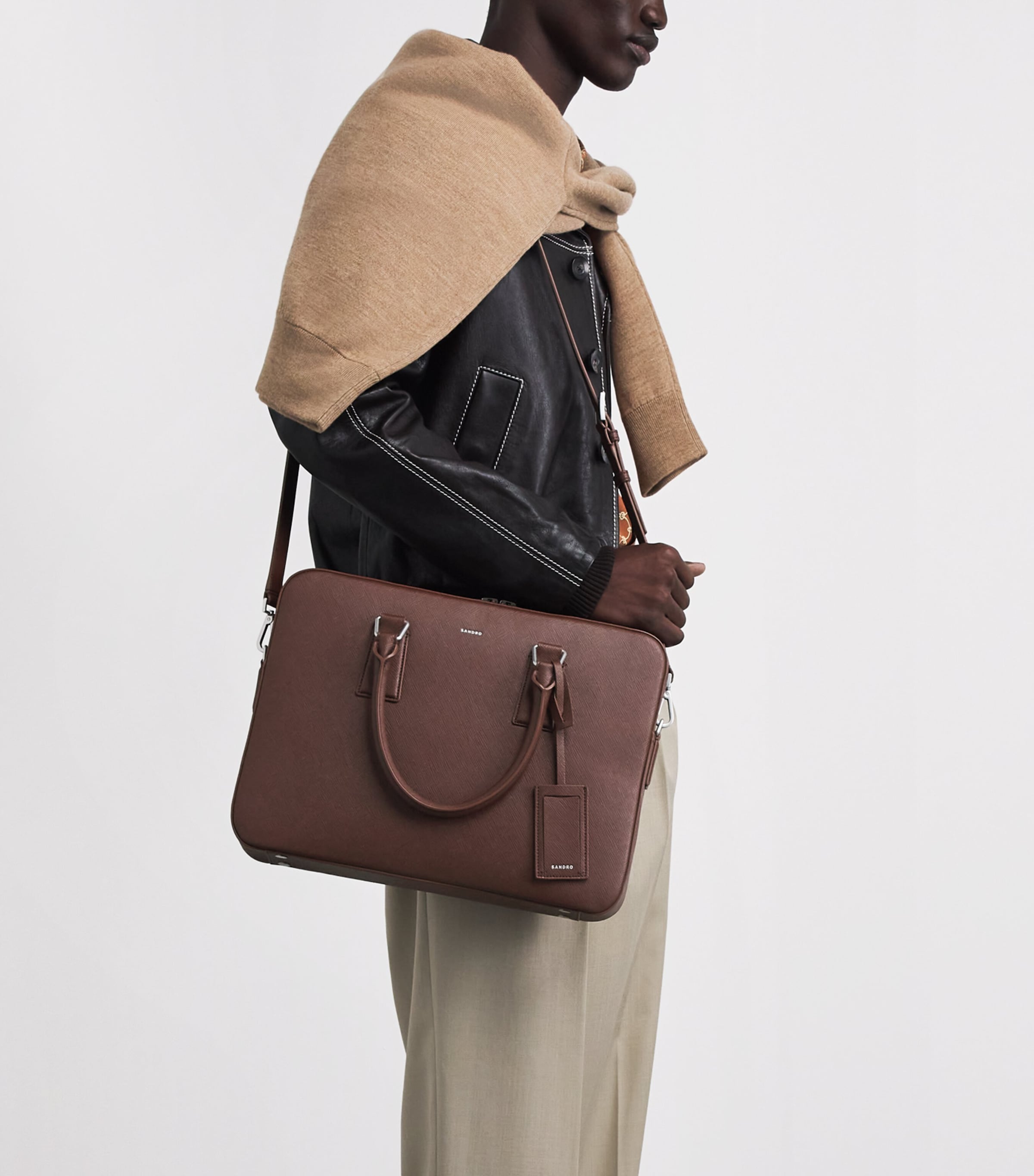 Sandro Paris Leather Slim Briefcase Cognac Image 2