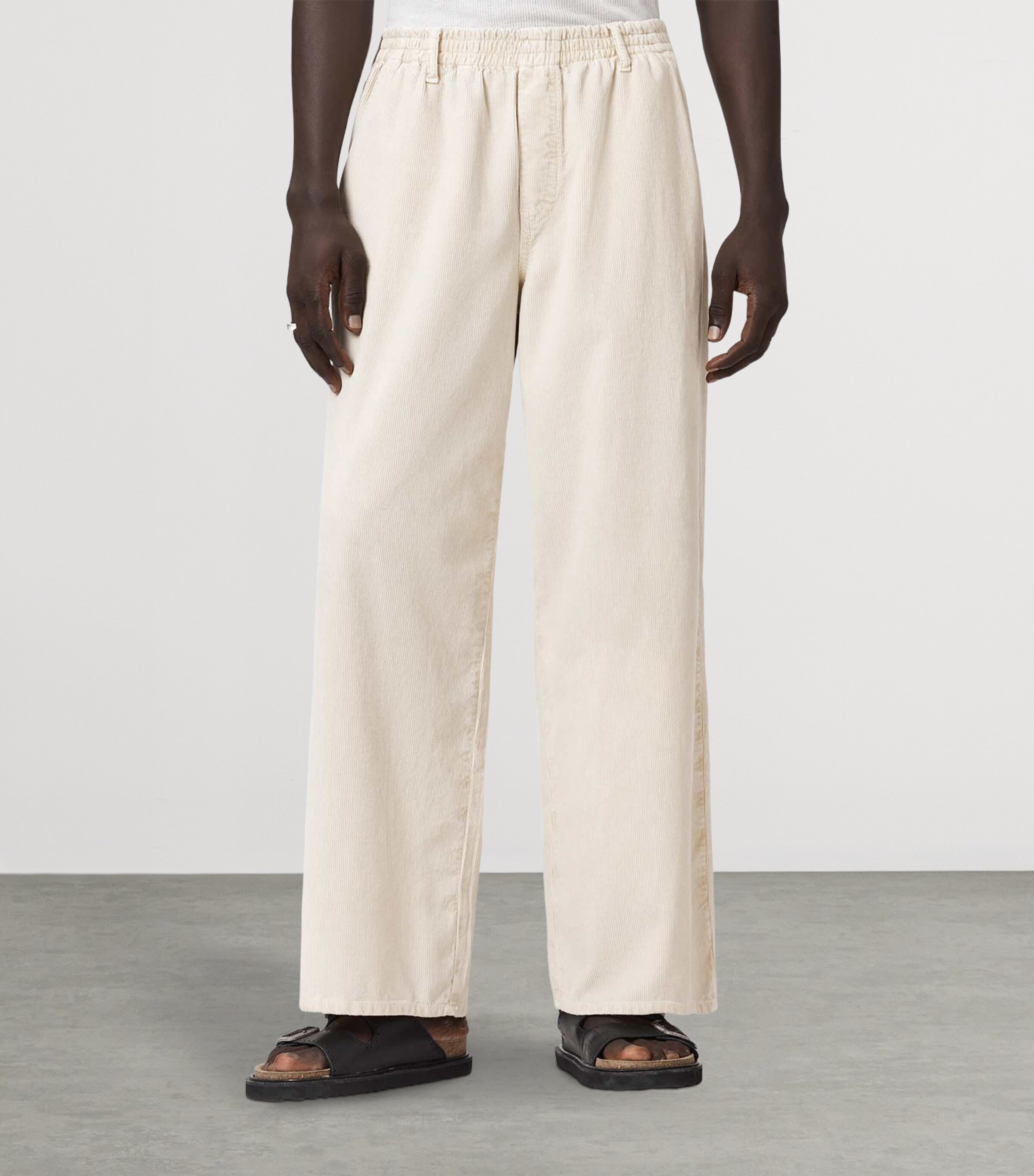 AllSaints Mens Corduroy Sabbath Wide-Leg Trousers Pebble White Image 3