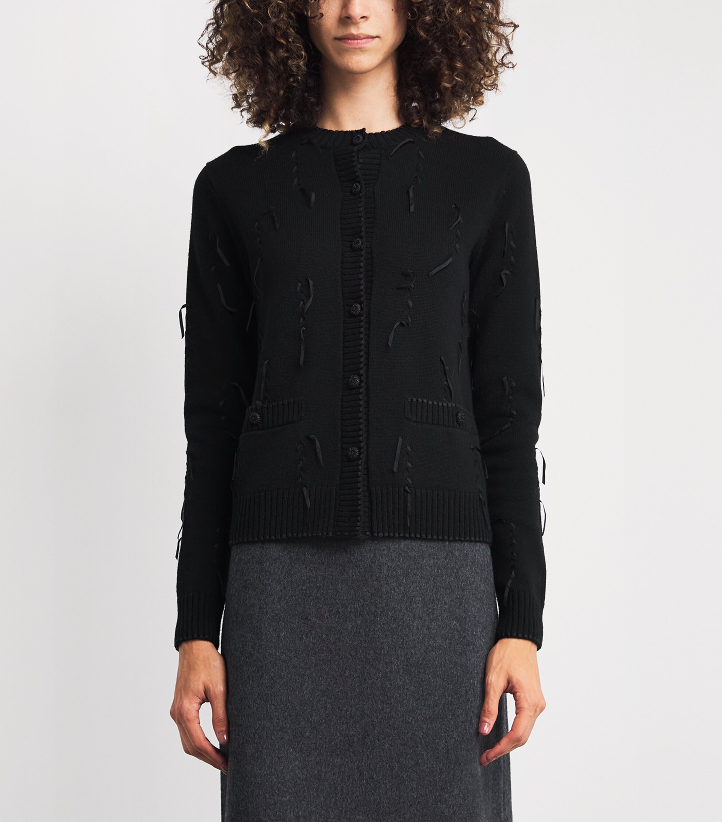 Lafayette 148 Womens Cashmere Ribbed-Embellished Cardigan Black Image 3