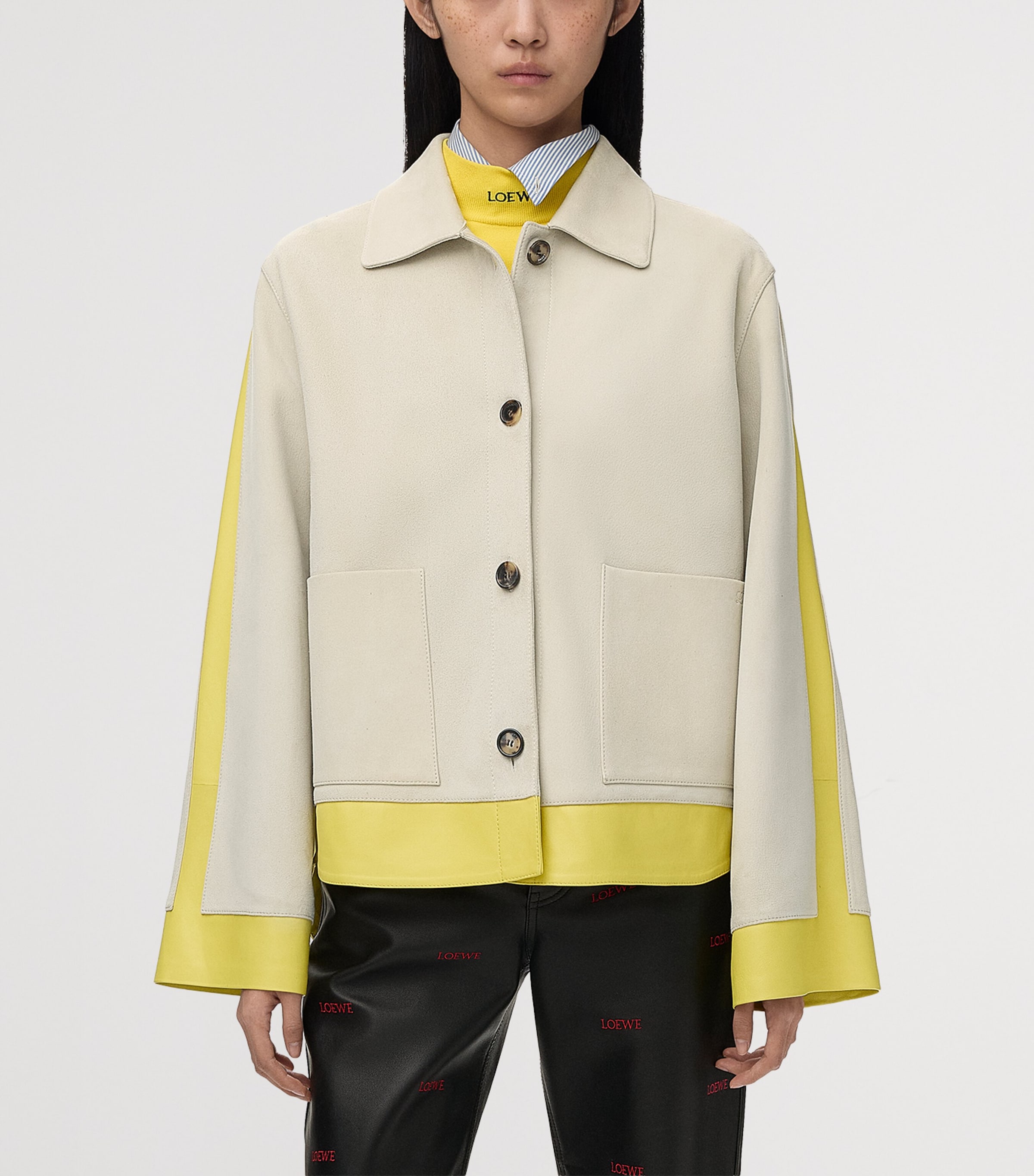 LOEWE Womens Suede and Leather Panelled Jacket Light Grey Image 3
