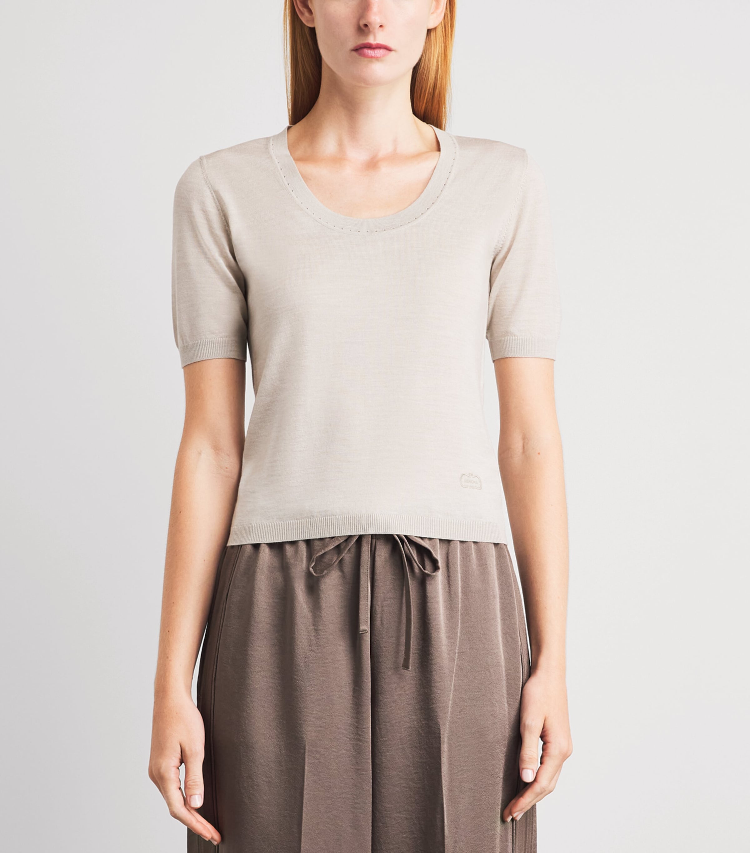 Agnona Womens Wool-Silk-Cashmere Scoop-Neck Sweater Beige Greige Image 4