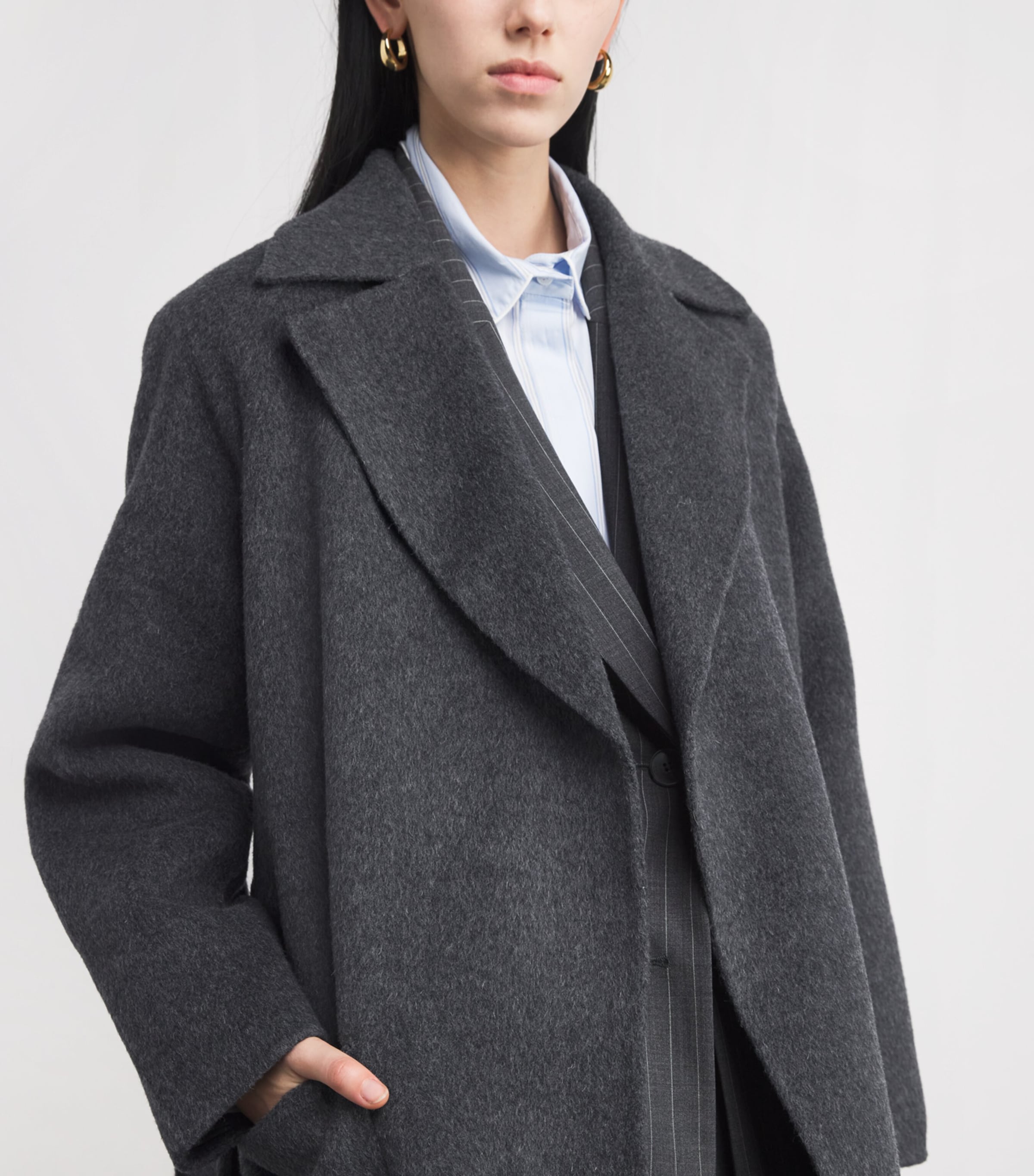 Wool-Blend Belted Coat BLACK GREY Image 6
