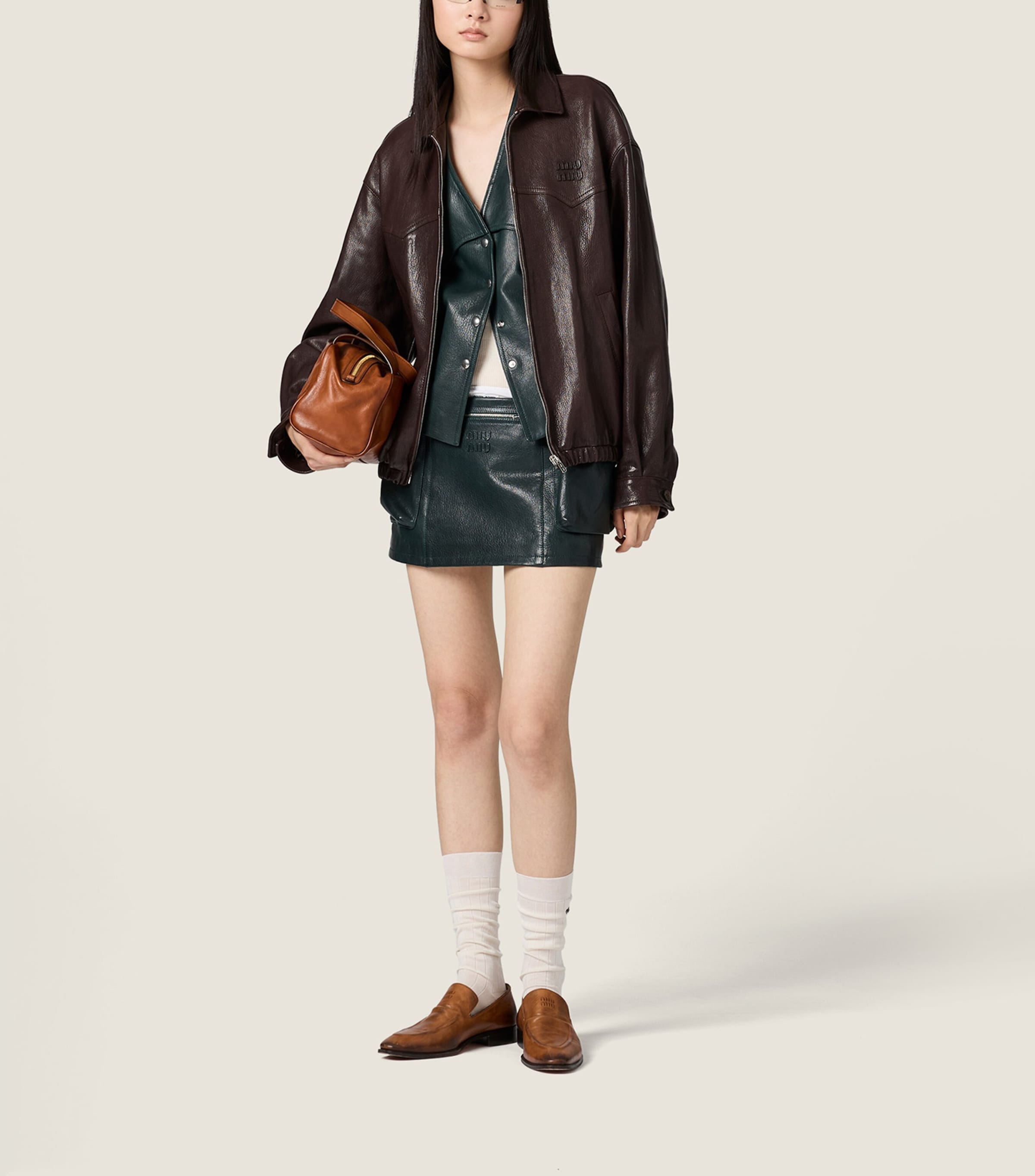 Miu Miu Womens Leather Blouson Jacket Brown Image 2