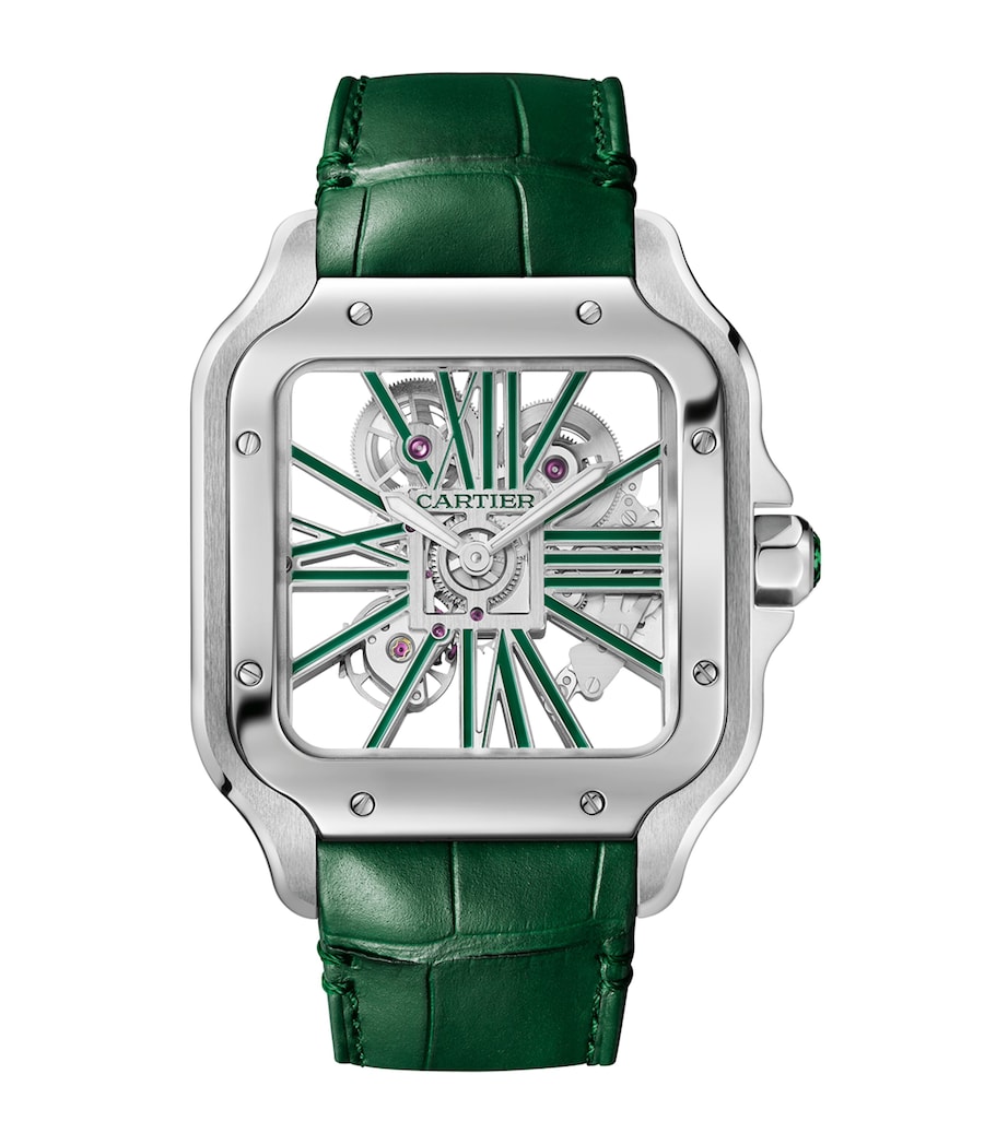 Cartier Large Steel Santos de Cartier Skeleton Watch 39.8mm Green Image 2