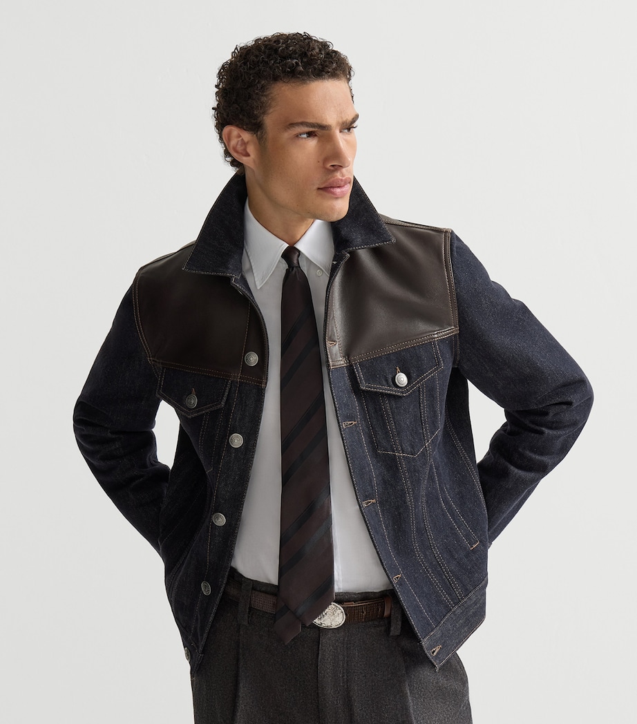 Brunello Cucinelli Mens Leather-Trim Denim Jacket Blue Image 2