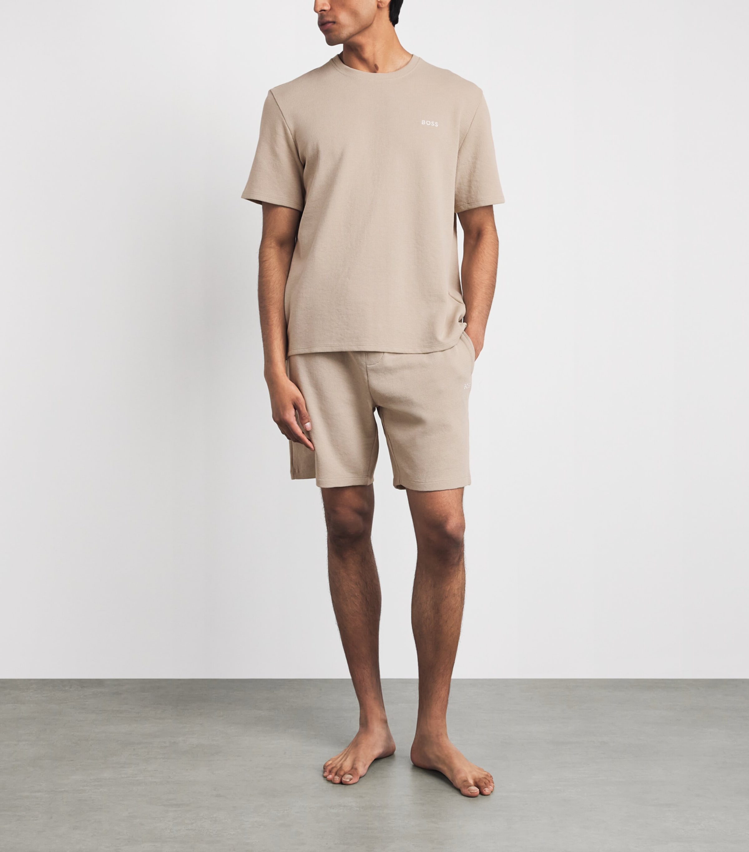 BOSS Mens Cotton-Blend Waffle-Knit T-Shirt Light Beige Image 2