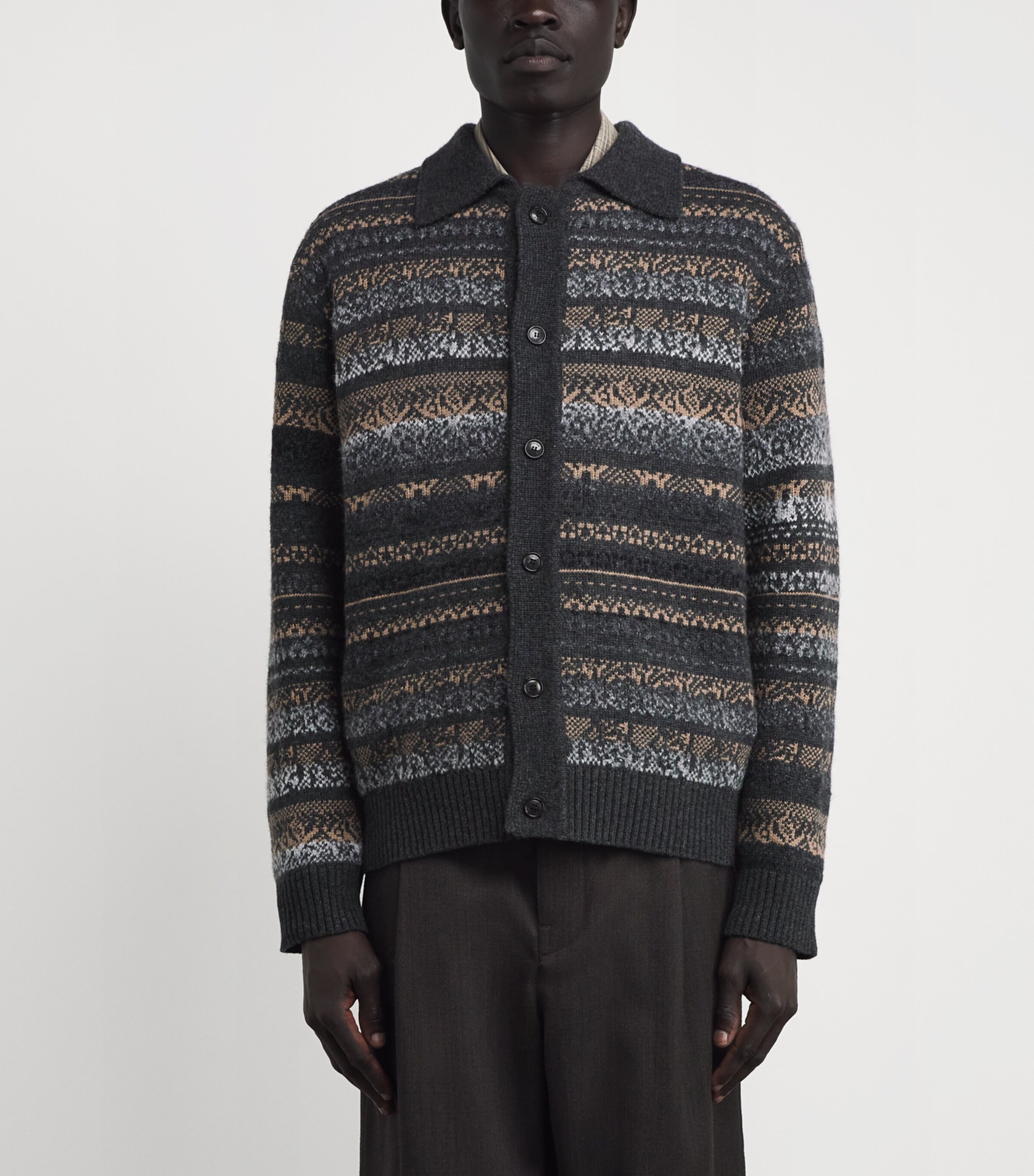 System Mens Fair Isle Cardigan Dark Grey Dg Image 3