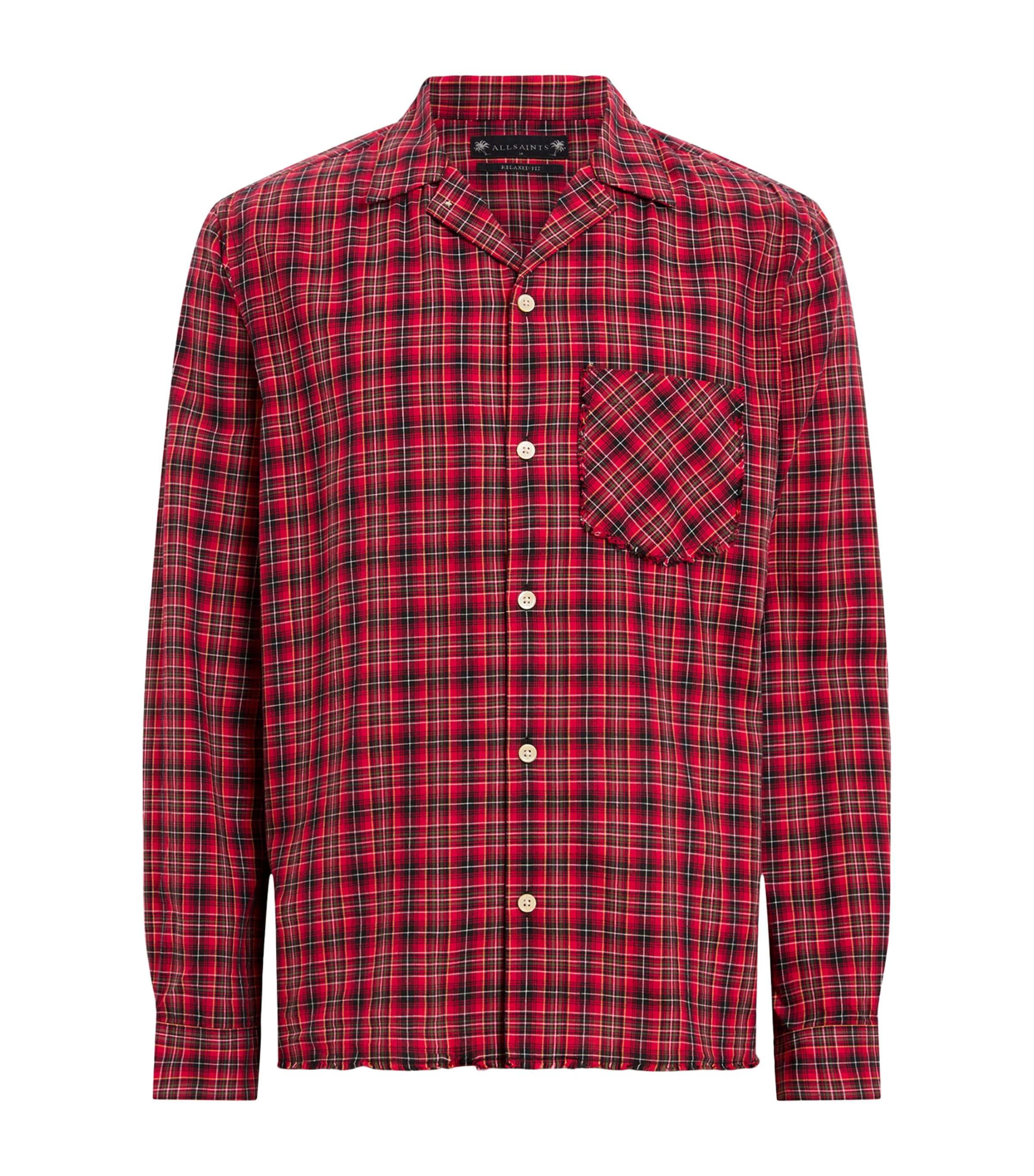 Allsaints Mens Claret Red Felix Resort-collar Checked Cotton Shirt Xs In Red