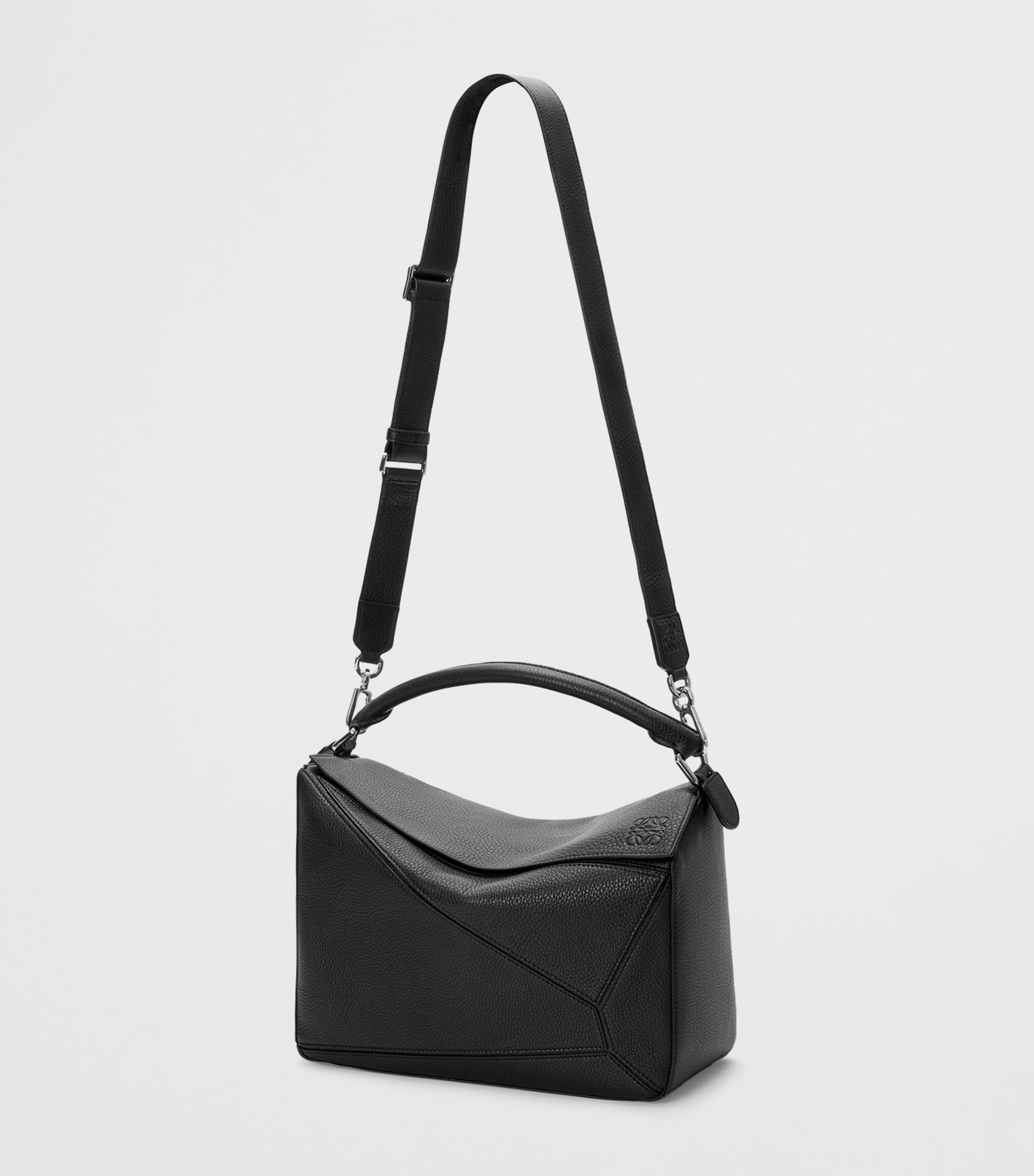 Large Leather Puzzle Edge Top-Handle Bag BLACK Image 5