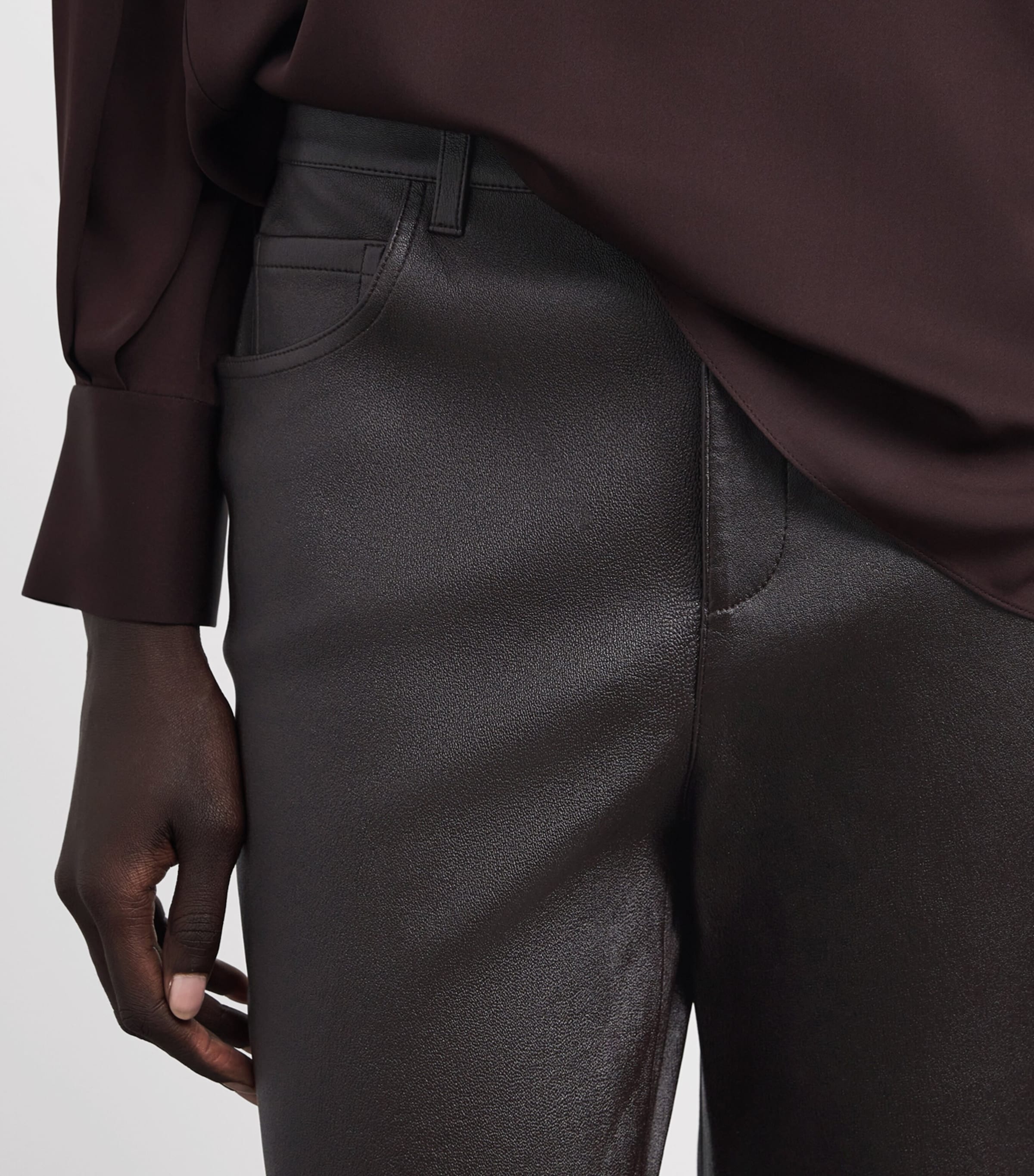 Leather Cropped Straight Trousers 2P5-PLUM BROWN Image 6