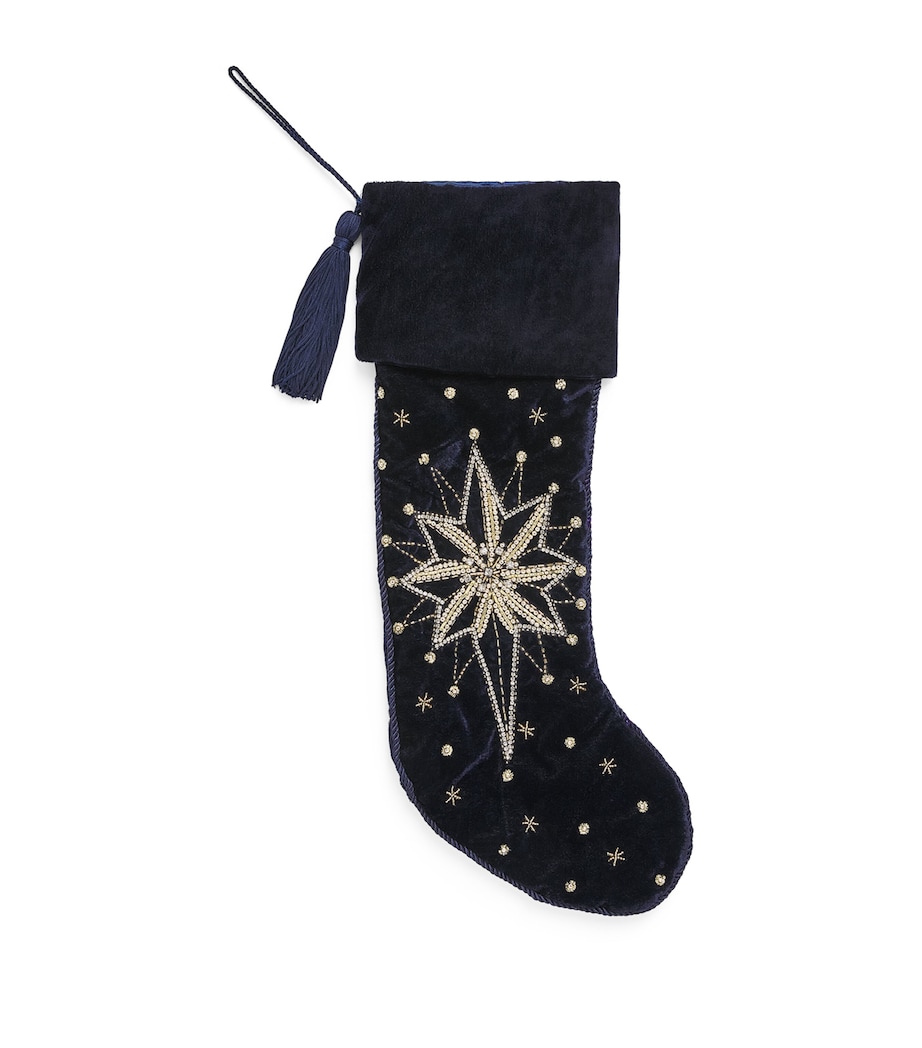 Harrods Velvet Beaded Star Stocking Navy Blue Image 1