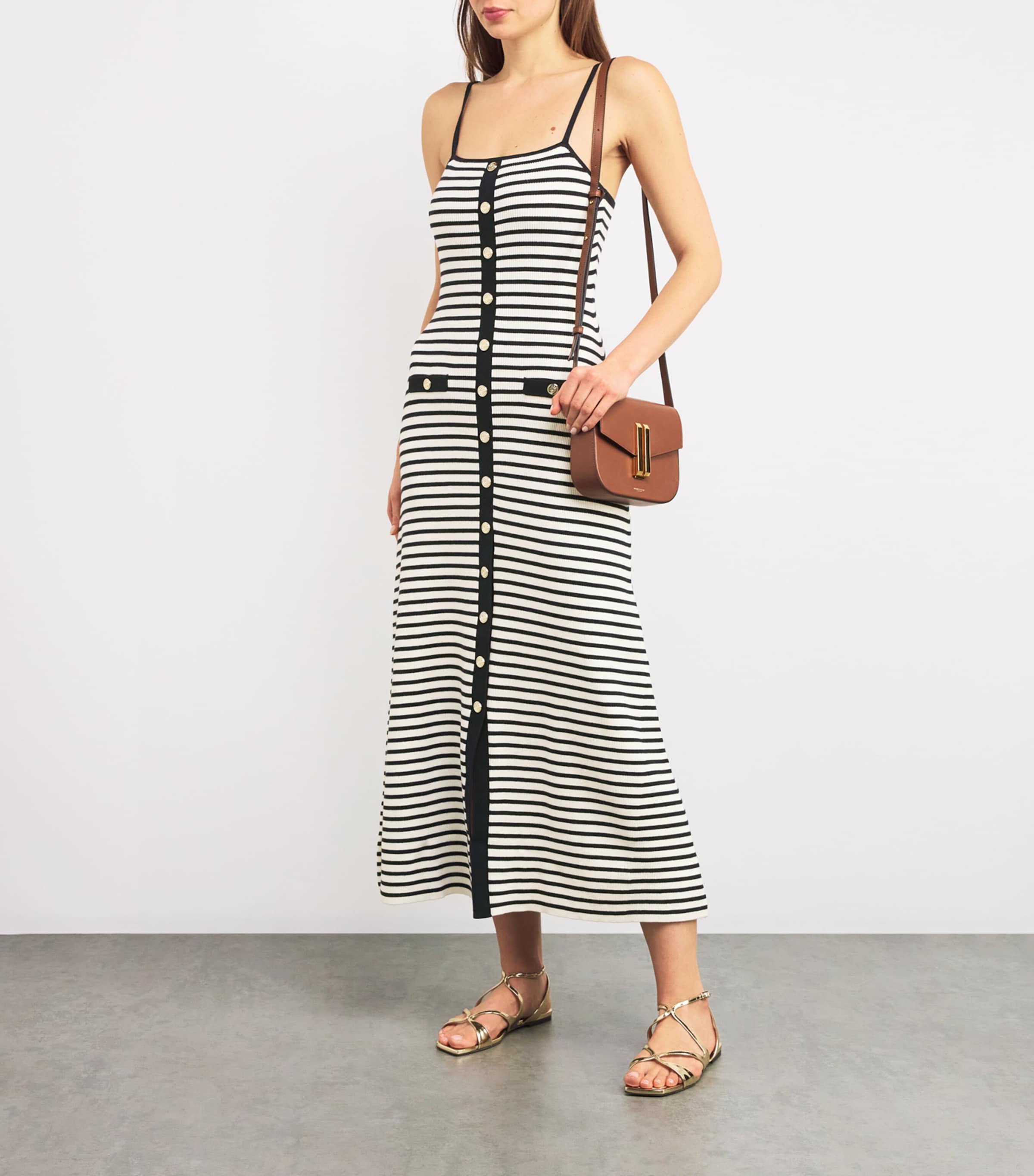 éloges Stripe Cold Shoulder Midi Dress - Rayon/Spandex Blend, USA Made, With Pockets