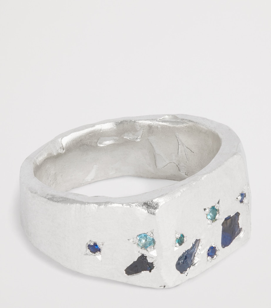 Sterling Silver, Sapphire, Topaz and Aquamarine Square Signet Ring BLUE Image 4