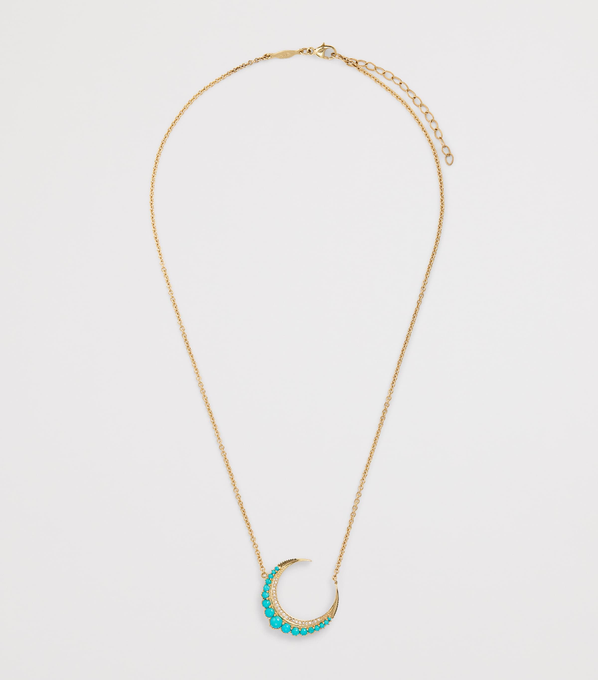Small Yellow Gold, Diamond and Turquoise Crescent Moon Necklace YELLOW GOLD Image 3