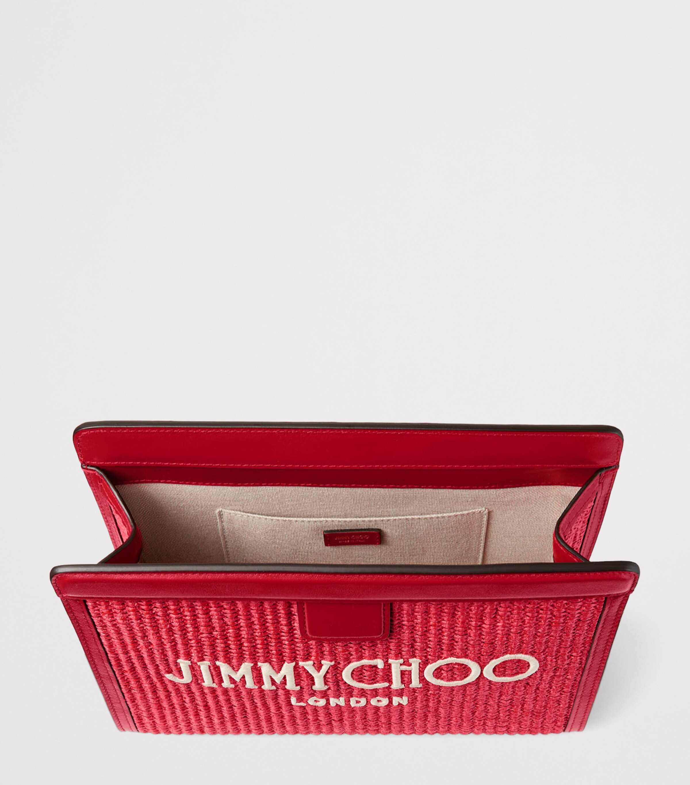 Jimmy Choo Raffia Leather-Trim Avenue Pouch Ruby Red/light Gold Image 5