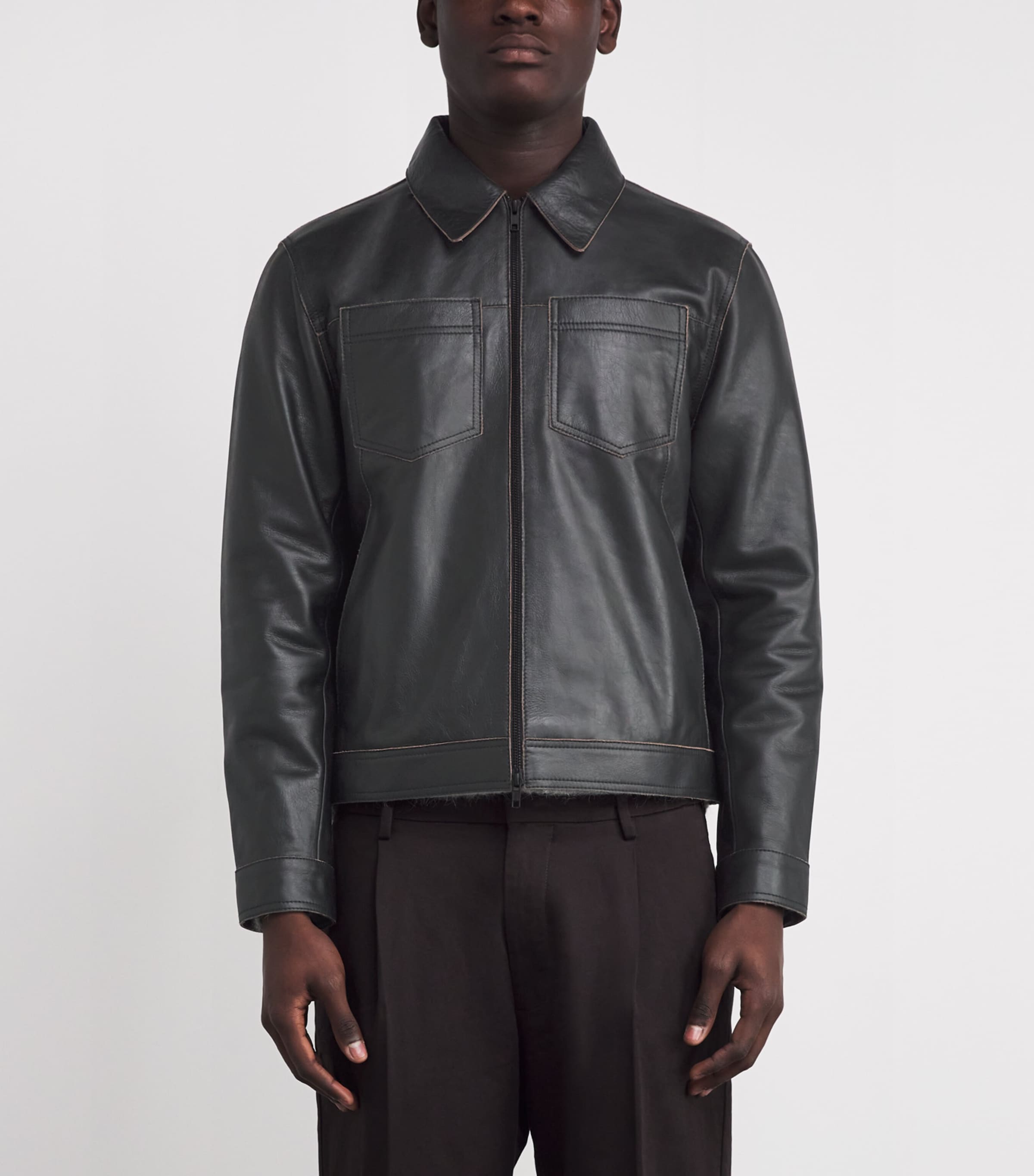 Contrast Stitch Leather Jacket BLACK Image 3