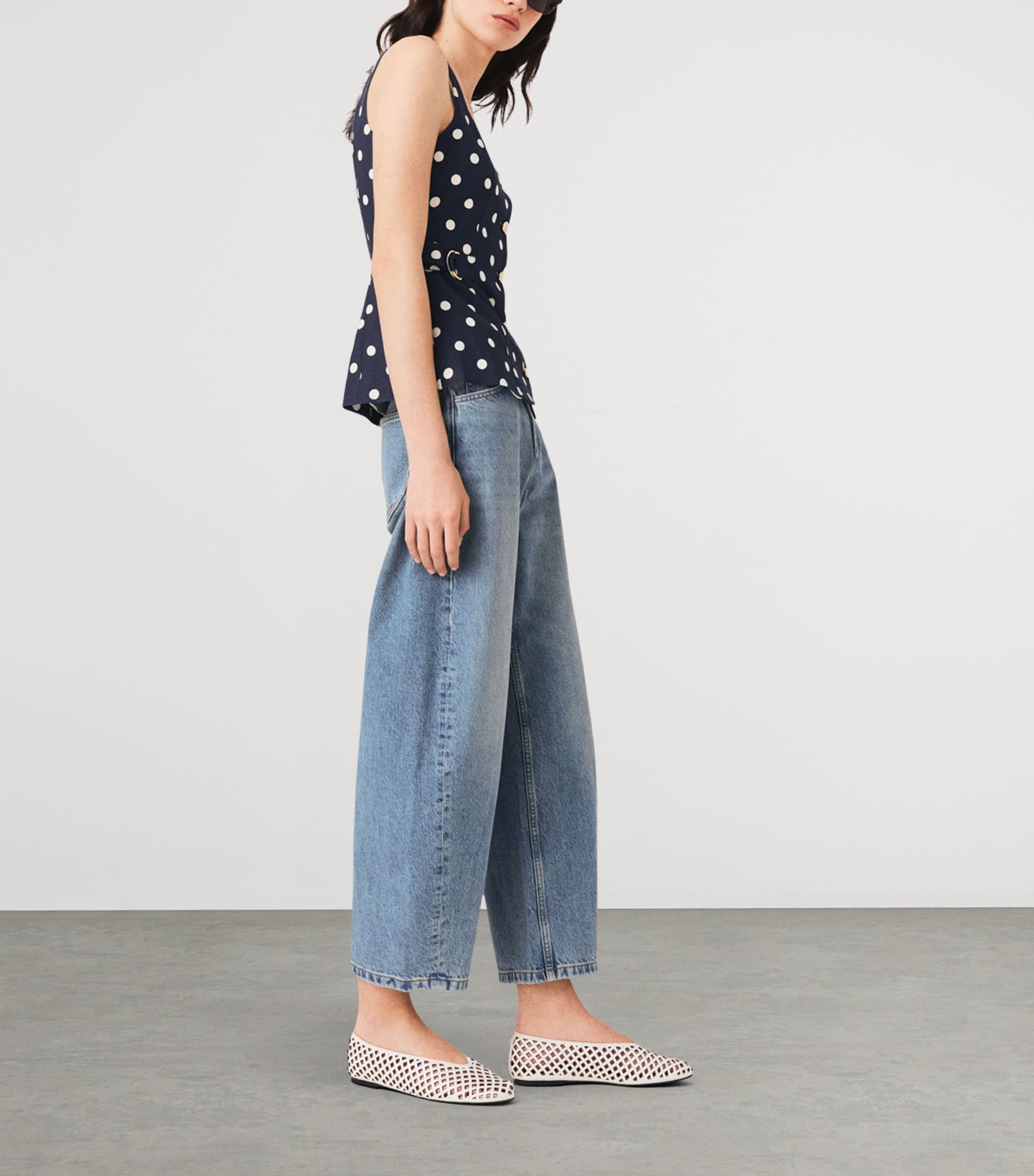Maje Womens Linen-Blend Polka-Dot Waistcoat Navy Dots Print Image 3