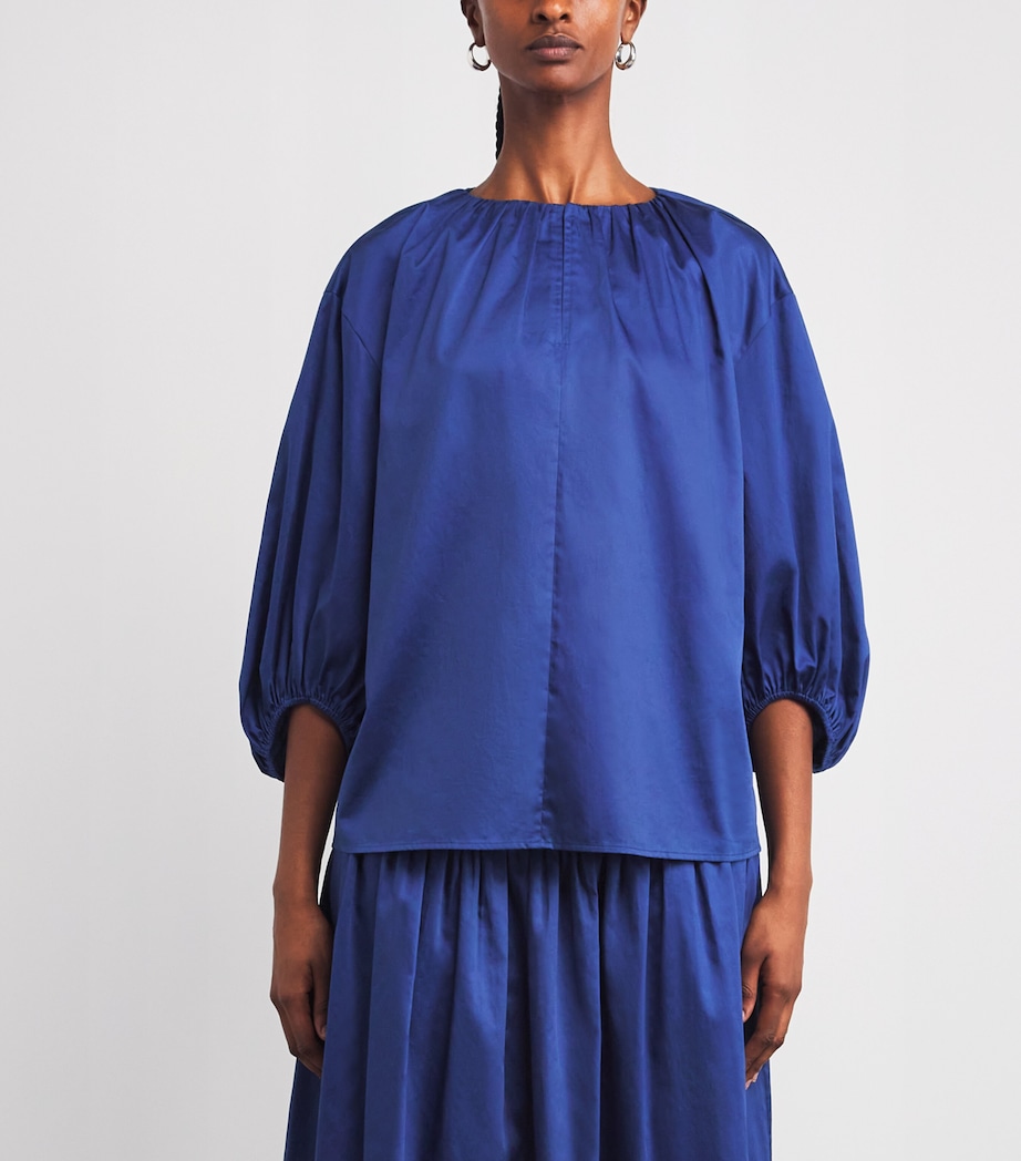Cotton Gathered-Neck Godin Blouse COBALT Image 3