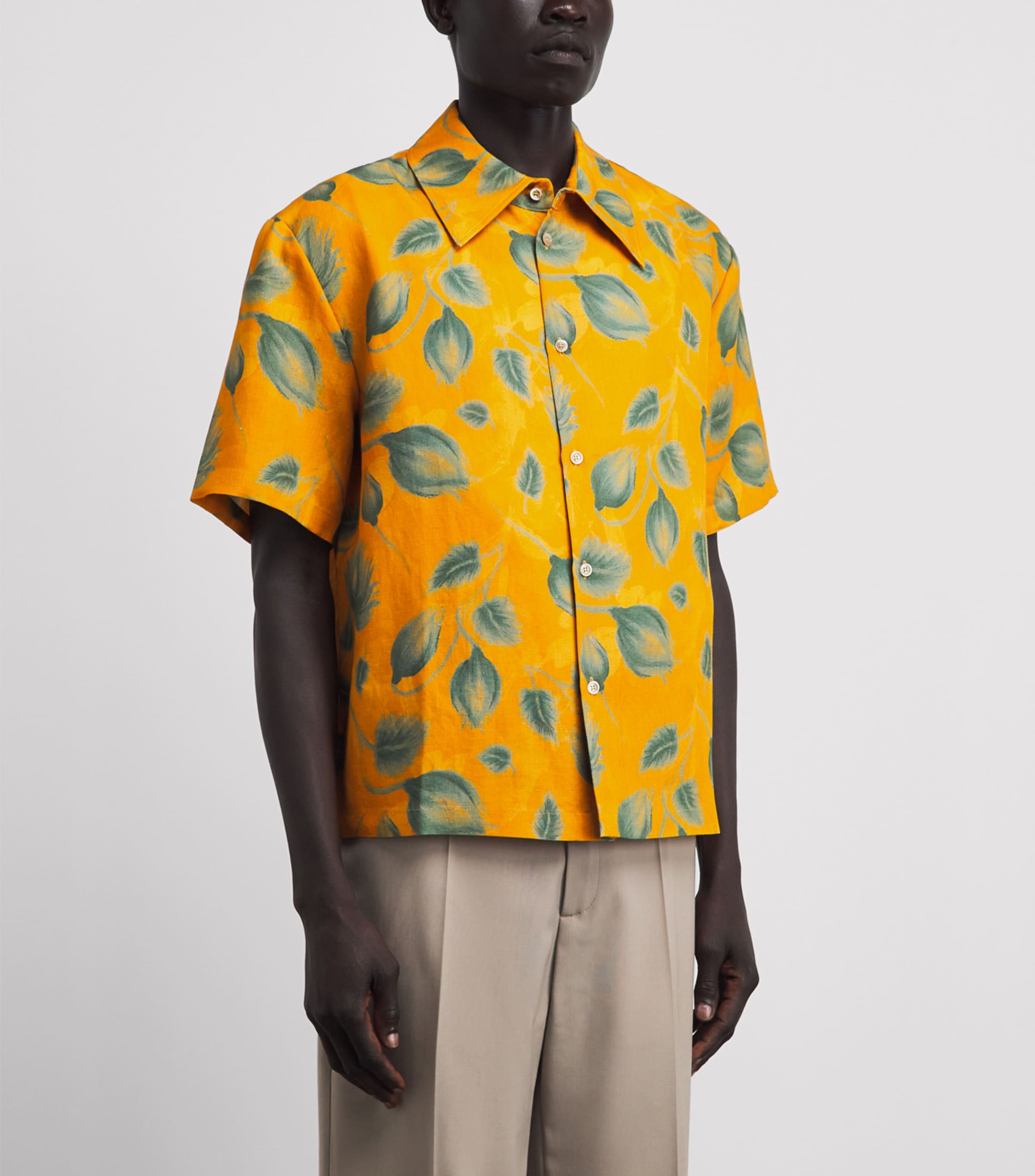 Séfr Mens Linen Leaf Print Dayot Shirt Summer Gogh Orange Image 4