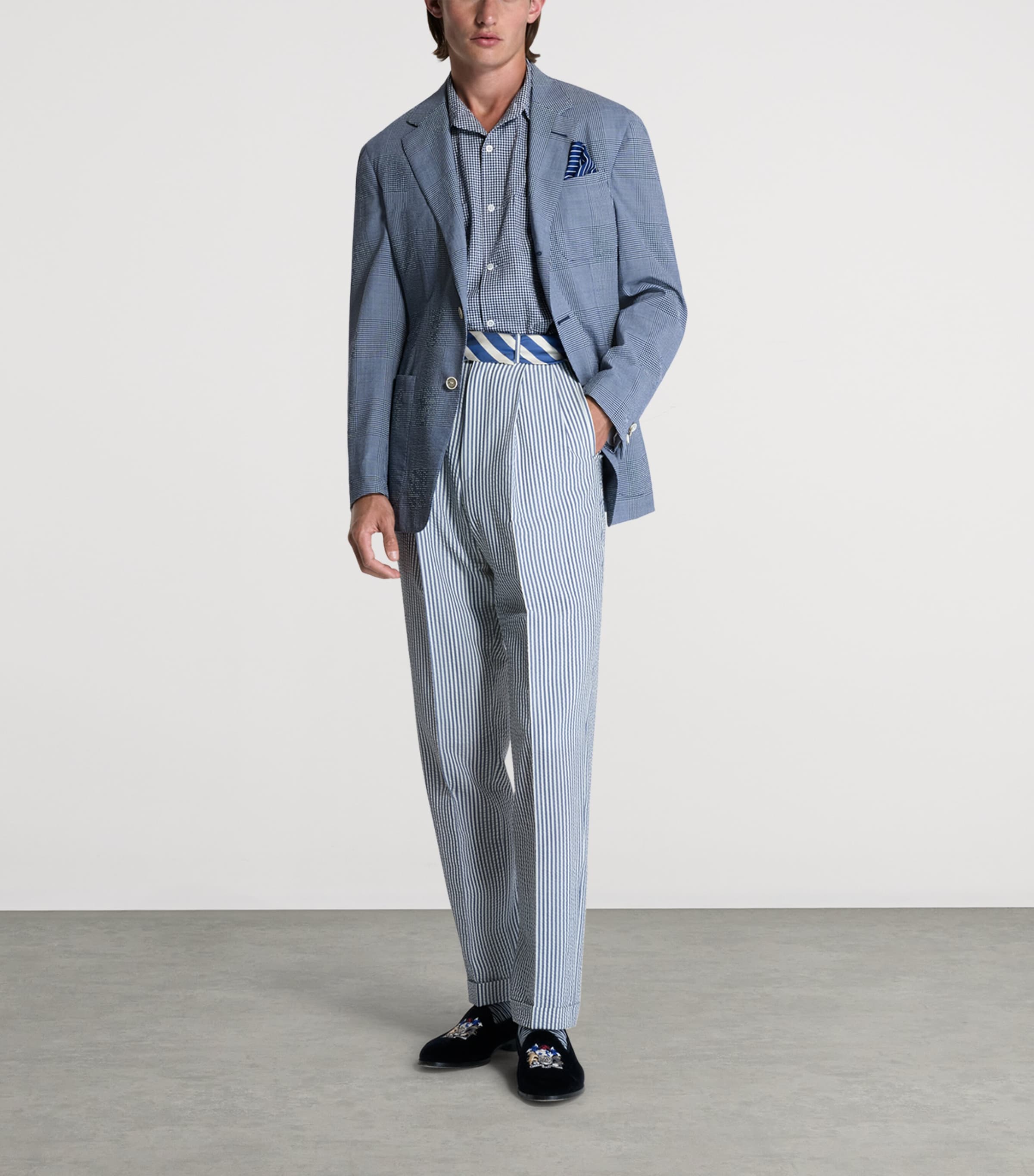 Dunhill Mens Wool-Silk Check Cavendish Blazer Blue White Image 2