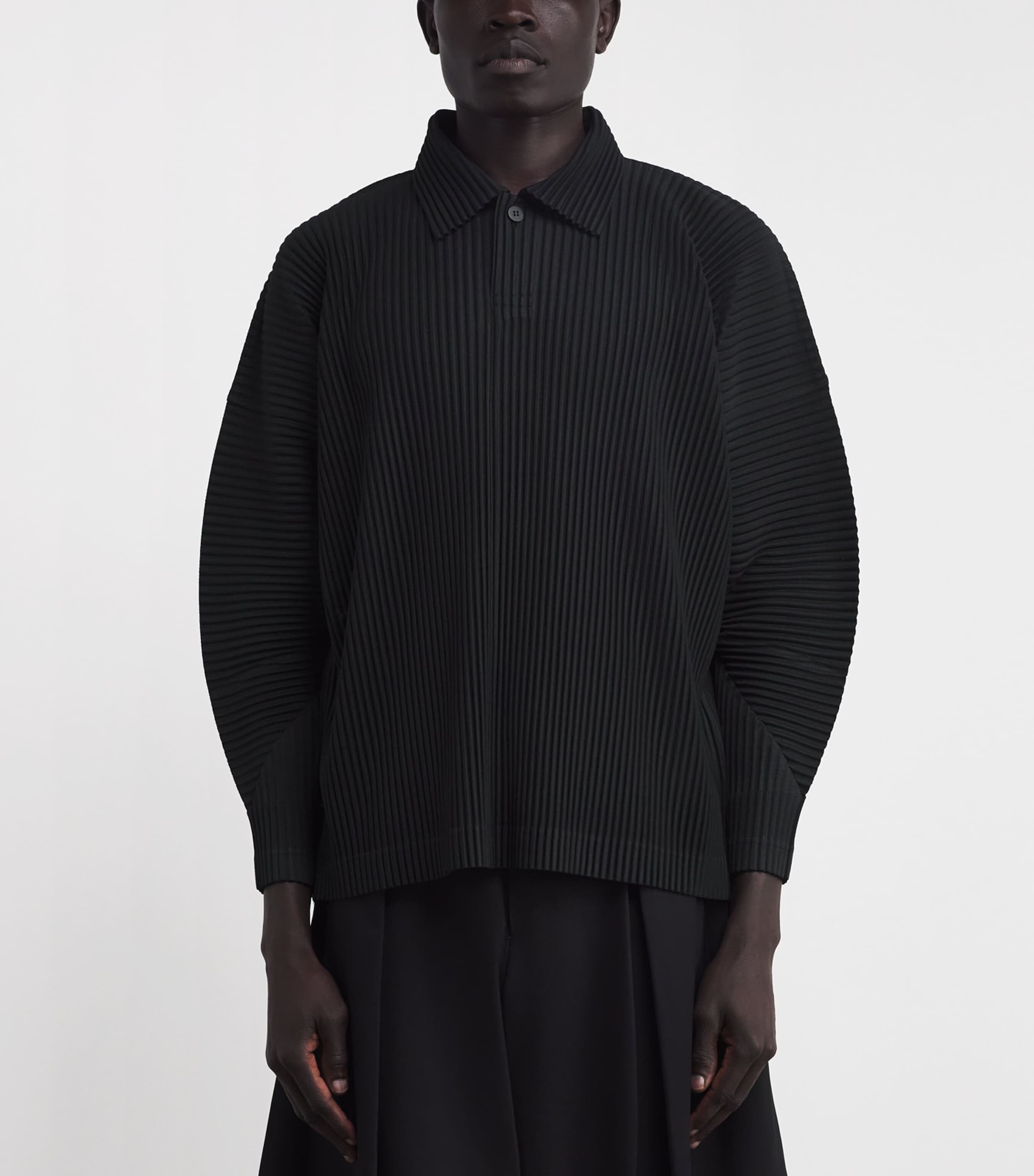 HOMME PLISSÉ ISSEY MIYAKE 長袖 ポロシャツ 黒 Homme Plissé Issey Miyake Black Pleated Long-Sleeve Polo Shirt